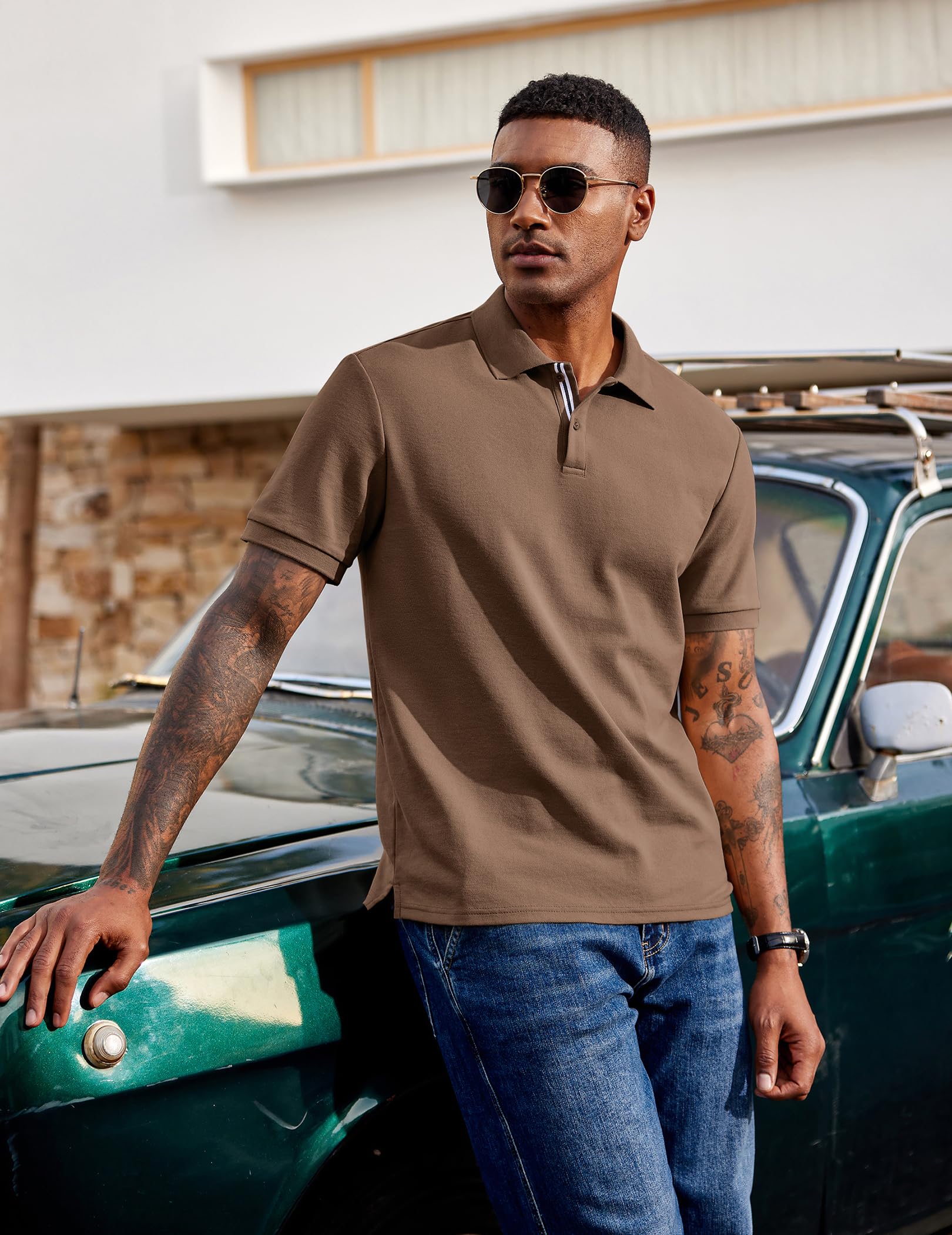 Men's Polo Shirts Short Sleeve Cotton Pique Casual Button T Shirts Classic Fit Collared Golf Shirts