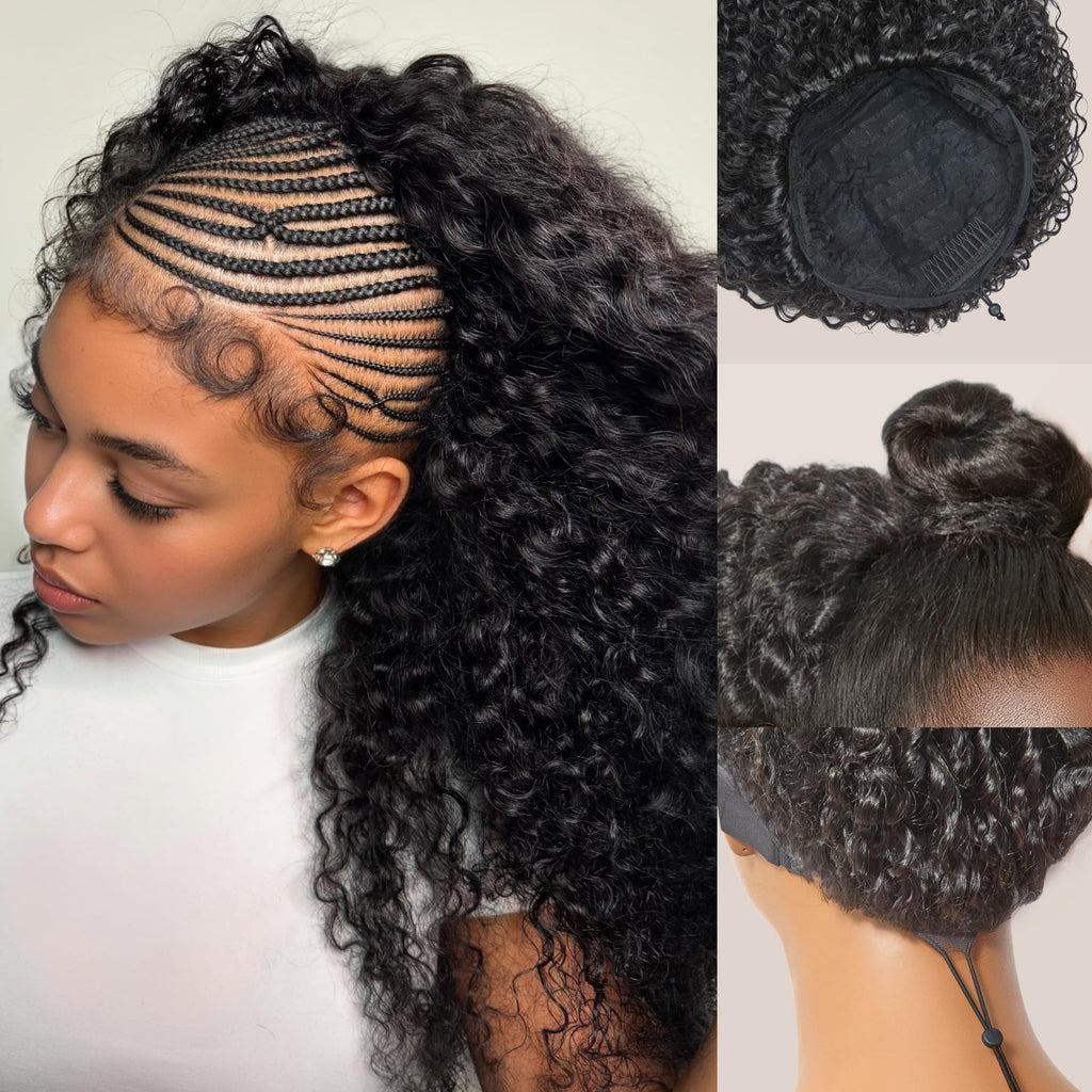 Half Wig Kinky Curly Flexi-Fit Invisi 3 in 1 Wigs Flip Drawstring Wig 200% Density Glueless Wigs 100% Human Hair Natural Black Ready to Go Headband Wig for Women 18 Inches