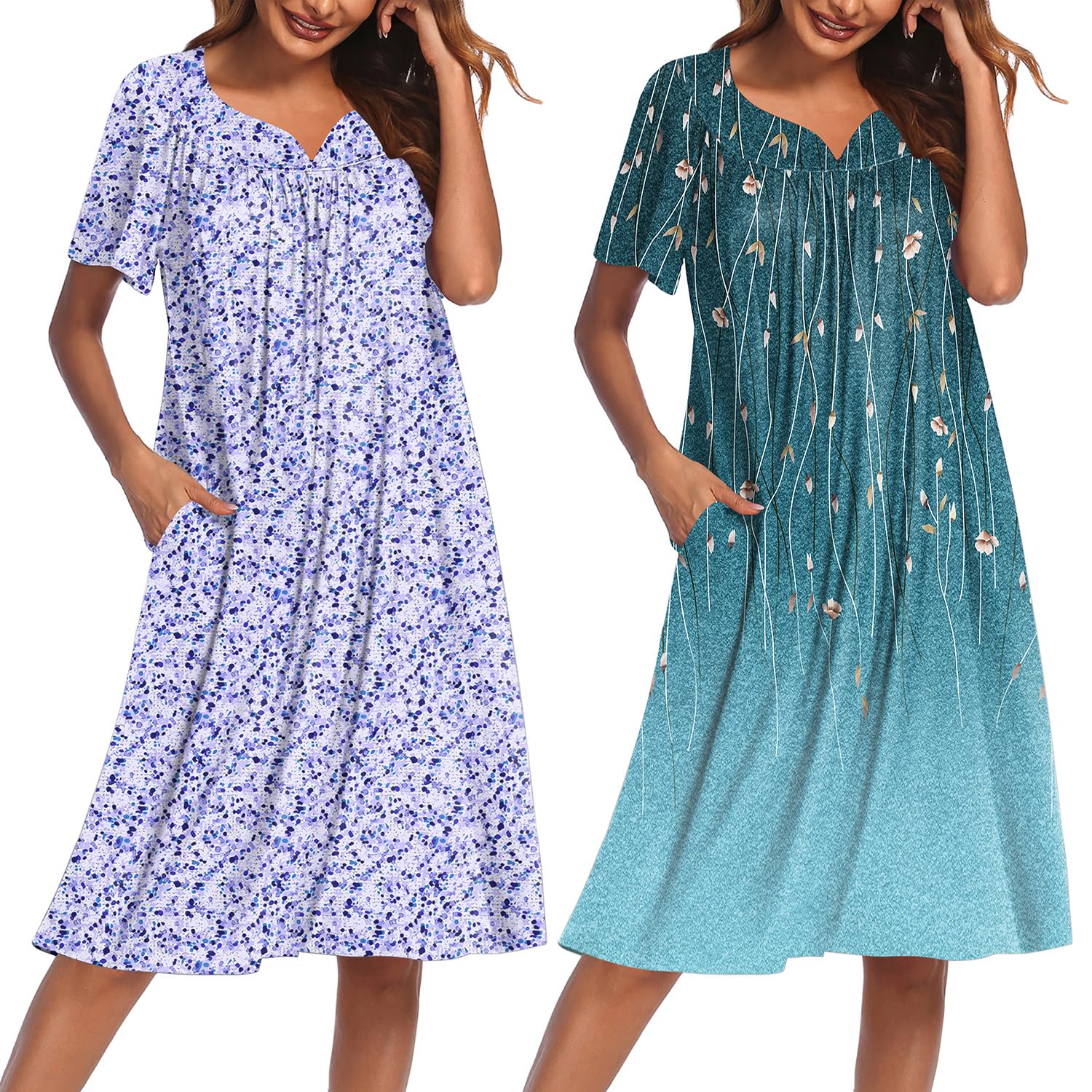 2 Pack House Dresses for Women with Pockets Short Sleeve Moo Moos Floral Print Mumu Dresses