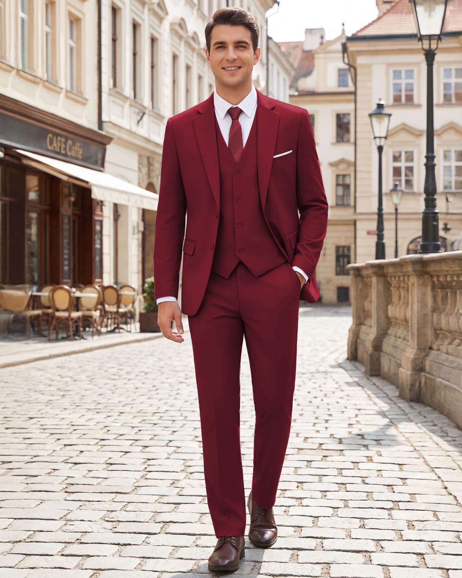 Men's Slim Fit 3 Piece Suits Two Button Blazer Vest & Pants Tuxedo Set for Business Wedding Party