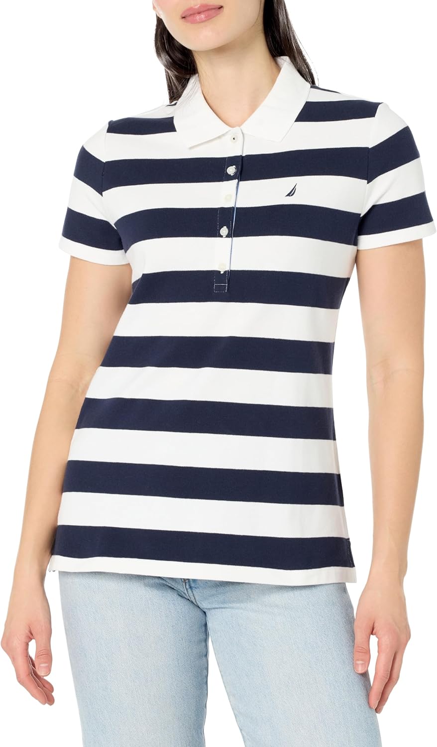 Nautica Women's 5-Button Short Sleeve Breathable 100% Cotton Polo Shirt