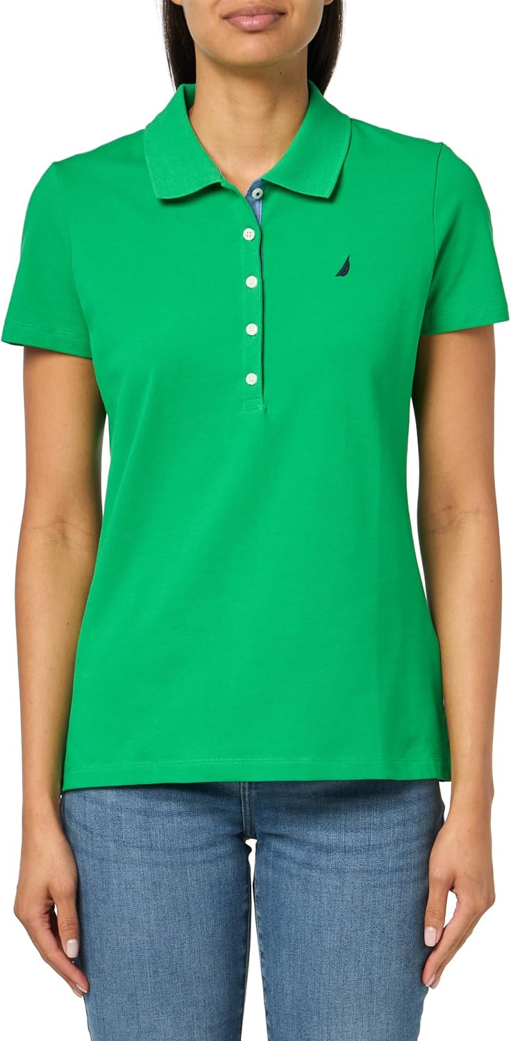 Nautica Women's 5-Button Short Sleeve Breathable 100% Cotton Polo Shirt