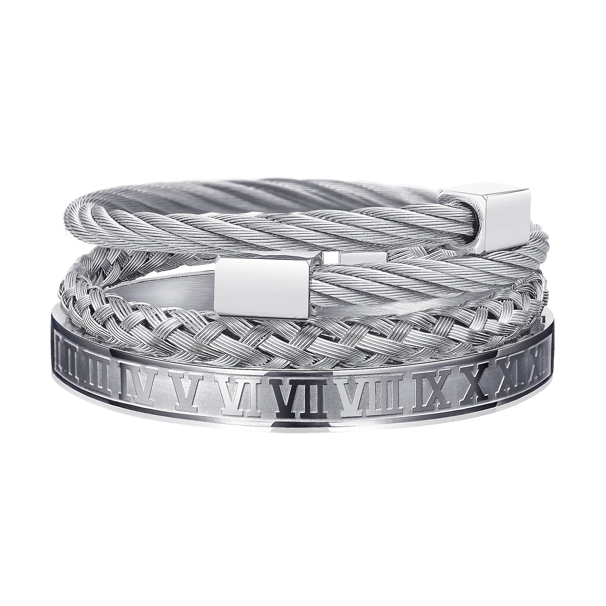 3PCS Stainless Steel Bracelets for Men Gold Roman Numeral Bangle Bracelet Twisted Cable Bracelet Adjustable Cuff Bracelet Mens Luxury Jewelry Bracelets Gifts