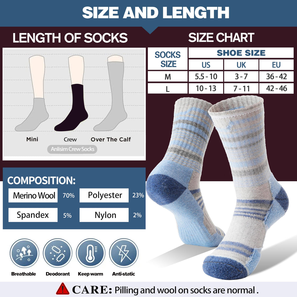 Merino Wool Hiking Socks for Women Thermal Winter Warm Boot Work Cushion Socks 5 Pairs