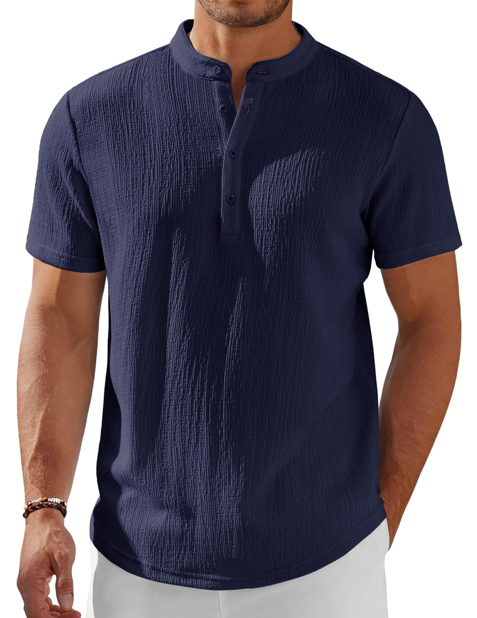 Men's Henley Shirt Short Sleeve Stand Collar Summer Casual Beach Hippie T-Shirts