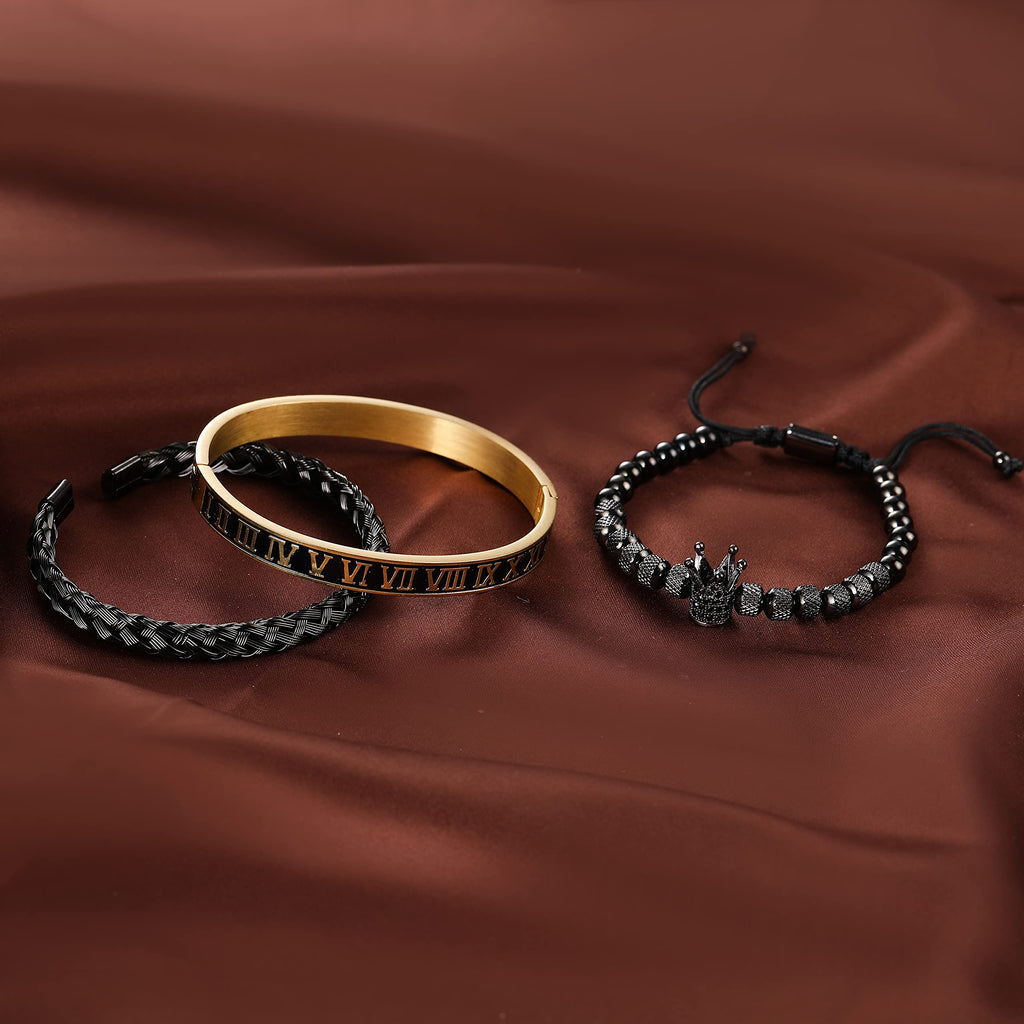 3PCS Stainless Steel Bracelets for Men Gold Roman Numeral Bangle Bracelet Twisted Cable Bracelet Adjustable Cuff Bracelet Mens Luxury Jewelry Bracelets Gifts