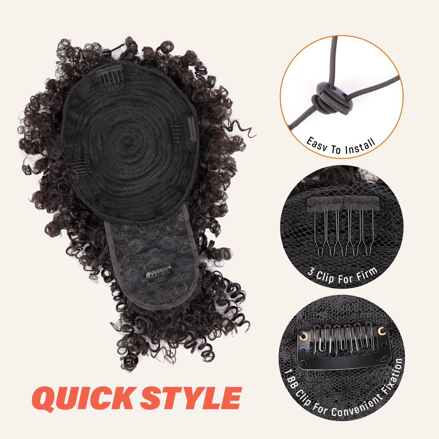 Drawstring Ponytail for Black Women, Afro Puff Kinky Curly Hair Ponytail Extension with Bangs Black Updo Natural Hair Ponytail (1B Natural Black)