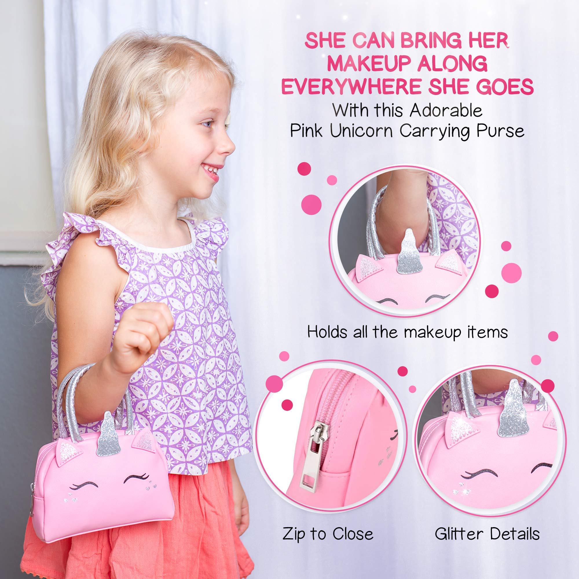 Kids Real Makeup Kit with Pink Unicorn Purse, Non Toxic Washable Make Up Set - Unicorn Toys for Girls Age 4-6, Girls Easter Basket Stuffers, Easter Gifts for Kids, Girl Gift Ages 3 4 5 6 7 8 Years Old