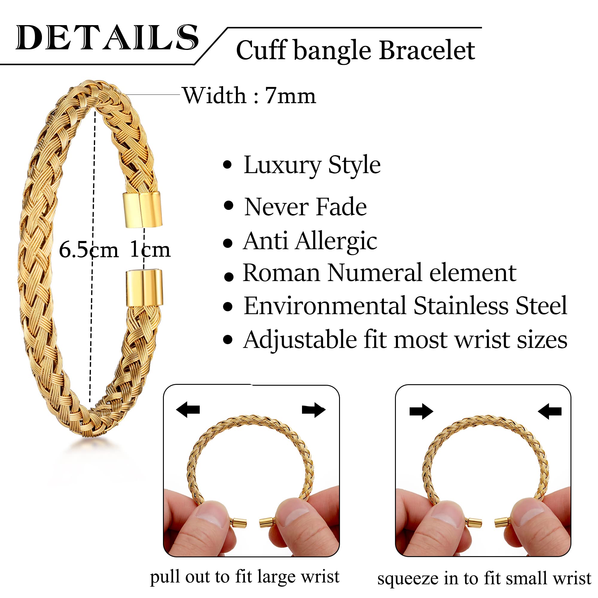 3PCS Stainless Steel Bracelets for Men Gold Roman Numeral Bangle Bracelet Twisted Cable Bracelet Adjustable Cuff Bracelet Mens Luxury Jewelry Bracelets Gifts