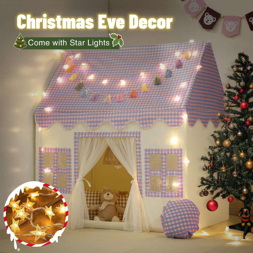 Kids Play Tent Indoor: with Mat, Tassel Garland, Star Lights - Girl Tent Indoor Playhouse for Kids Toys for Boy Girl Birthday Gift