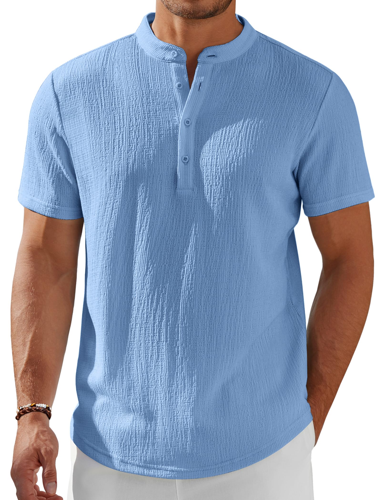 Men's Henley Shirt Short Sleeve Stand Collar Summer Casual Beach Hippie T-Shirts