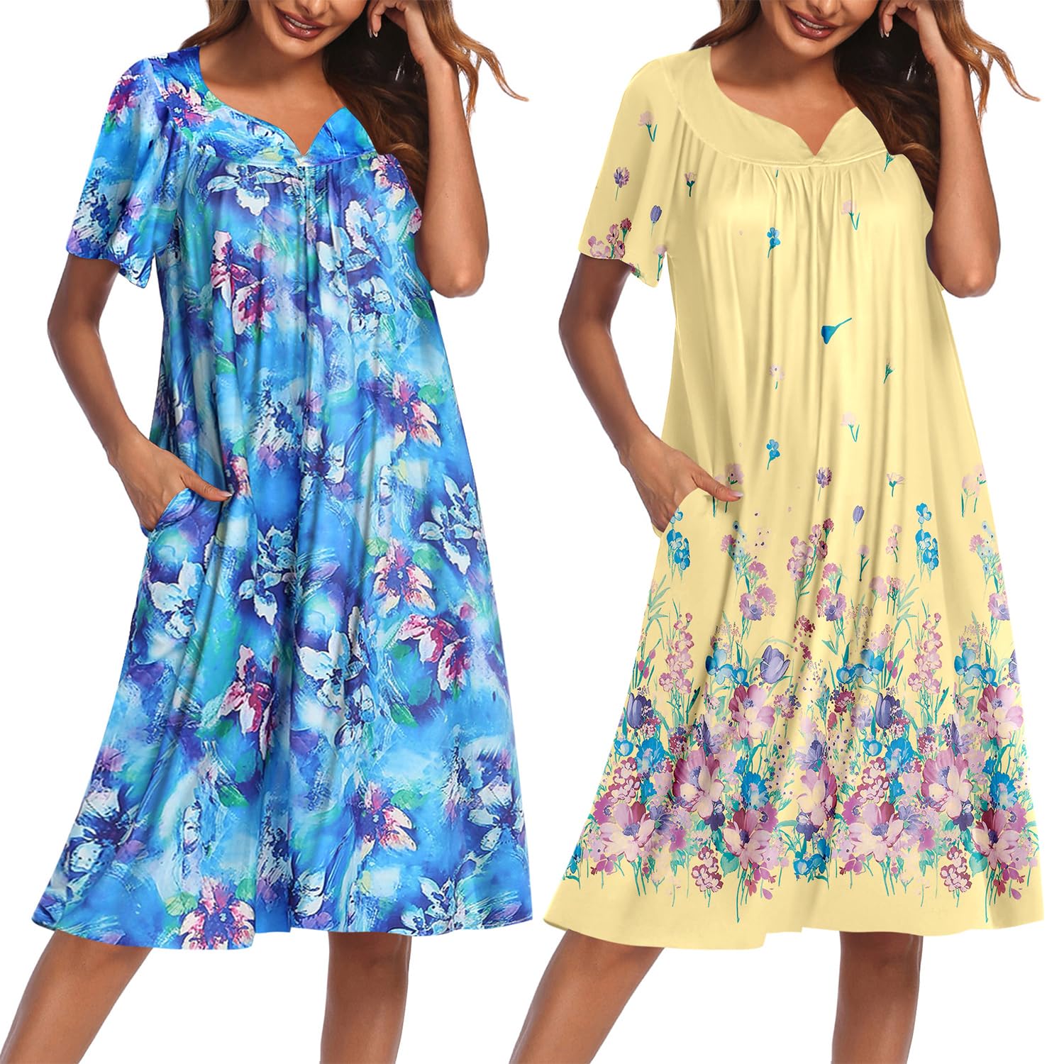 2 Pack House Dresses for Women with Pockets Short Sleeve Moo Moos Floral Print Mumu Dresses