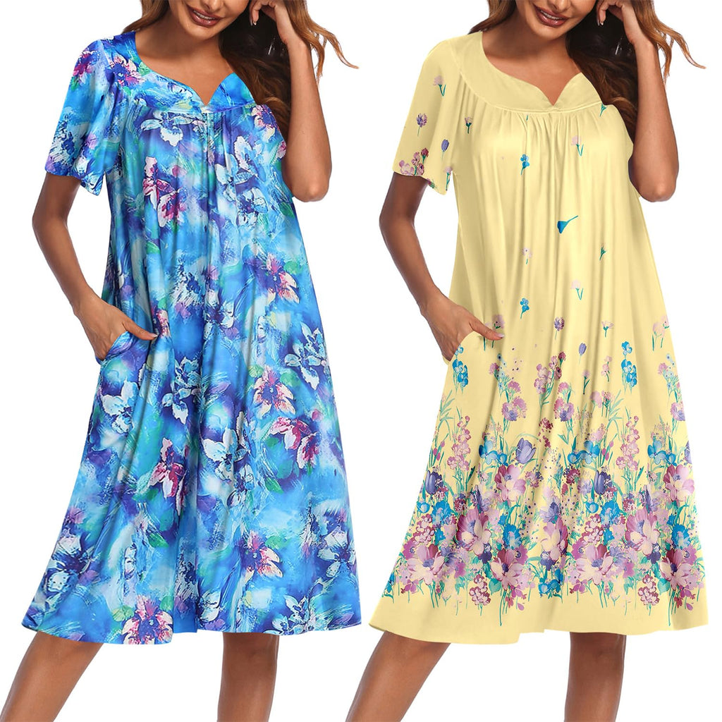 2 Pack House Dresses for Women with Pockets Short Sleeve Moo Moos Floral Print Mumu Dresses