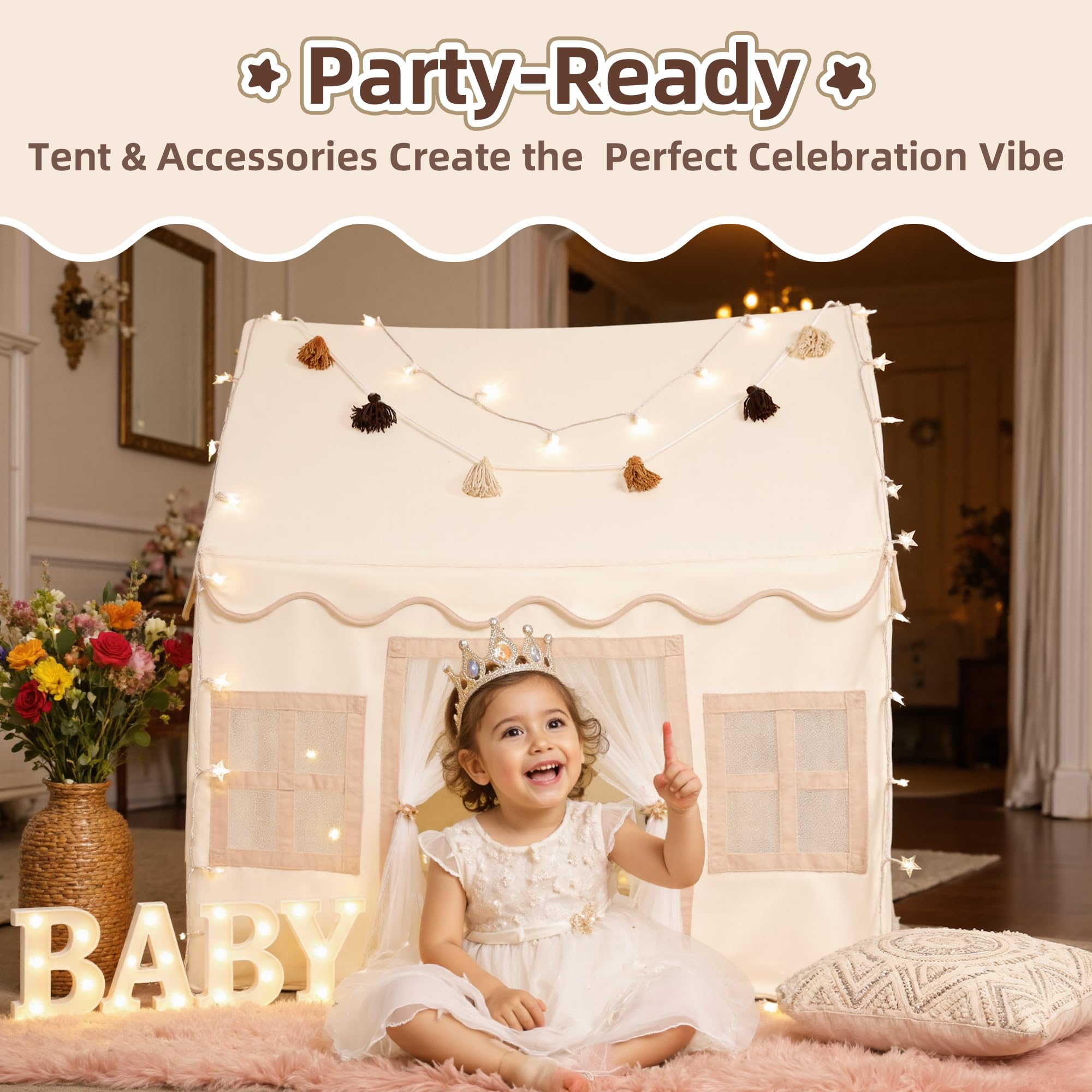 Kids Play Tent Indoor: with Mat, Tassel Garland, Star Lights - Girl Tent Indoor Playhouse for Kids Toys for Boy Girl Birthday Gift