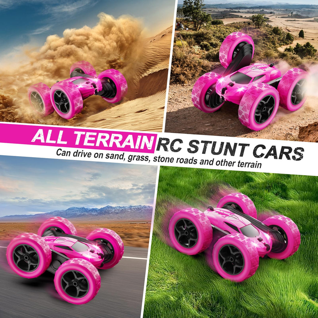 QUNREDA RC Cars, Pink Remote Control Car for Girls, 2.4 GHZ Double Sided RC Stunt Car 360° Rotating Remote Control Crawler with Headlights Car Toys for 6 7 8 9 10 11 12 Girls Birthday Gift Grandkids