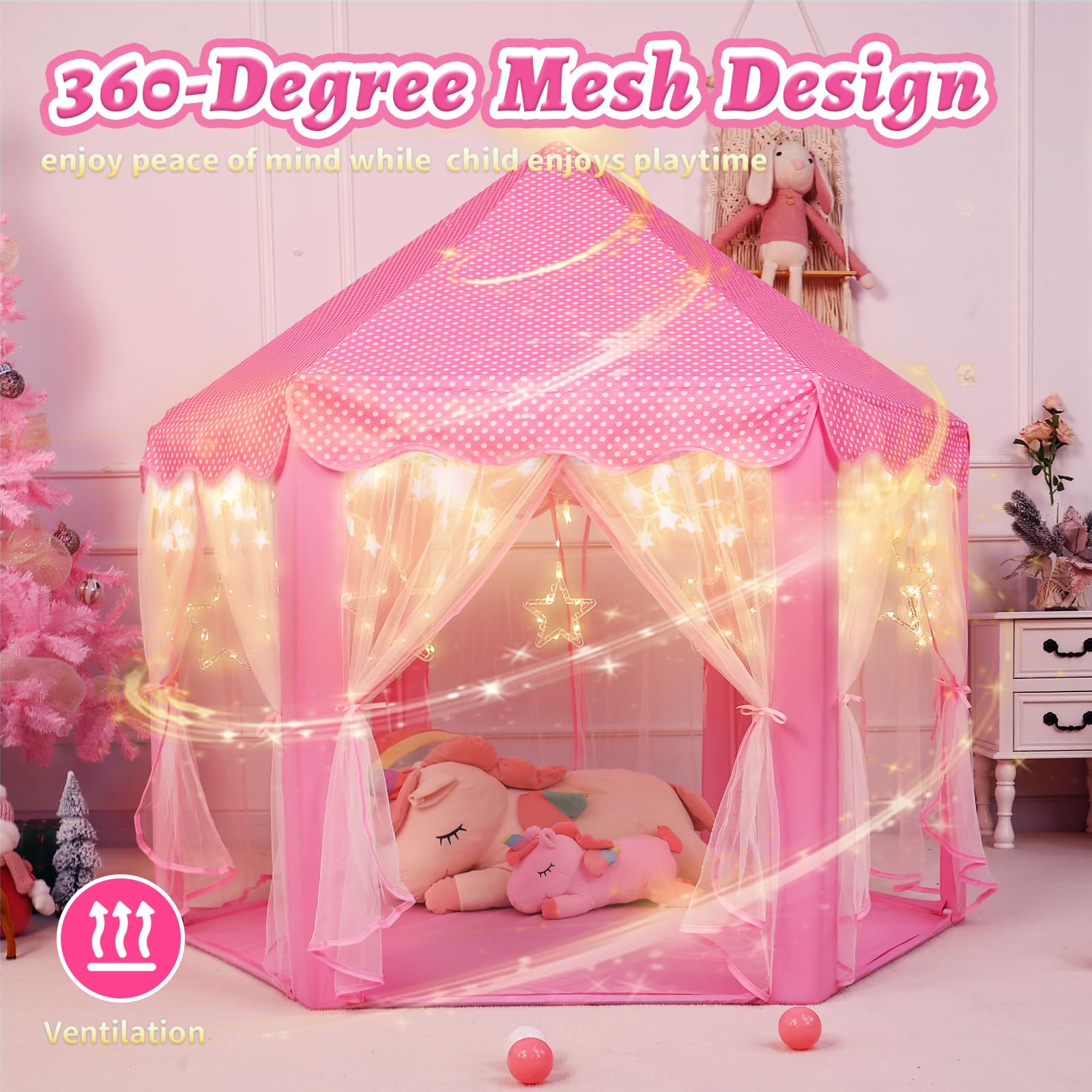 Monobeach Princess Tent Girls Large Playhouse Kids Castle Play Tent with Star Lights Toy for Children Indoor and Outdoor Games, 55'' x 53'' (DxH)
