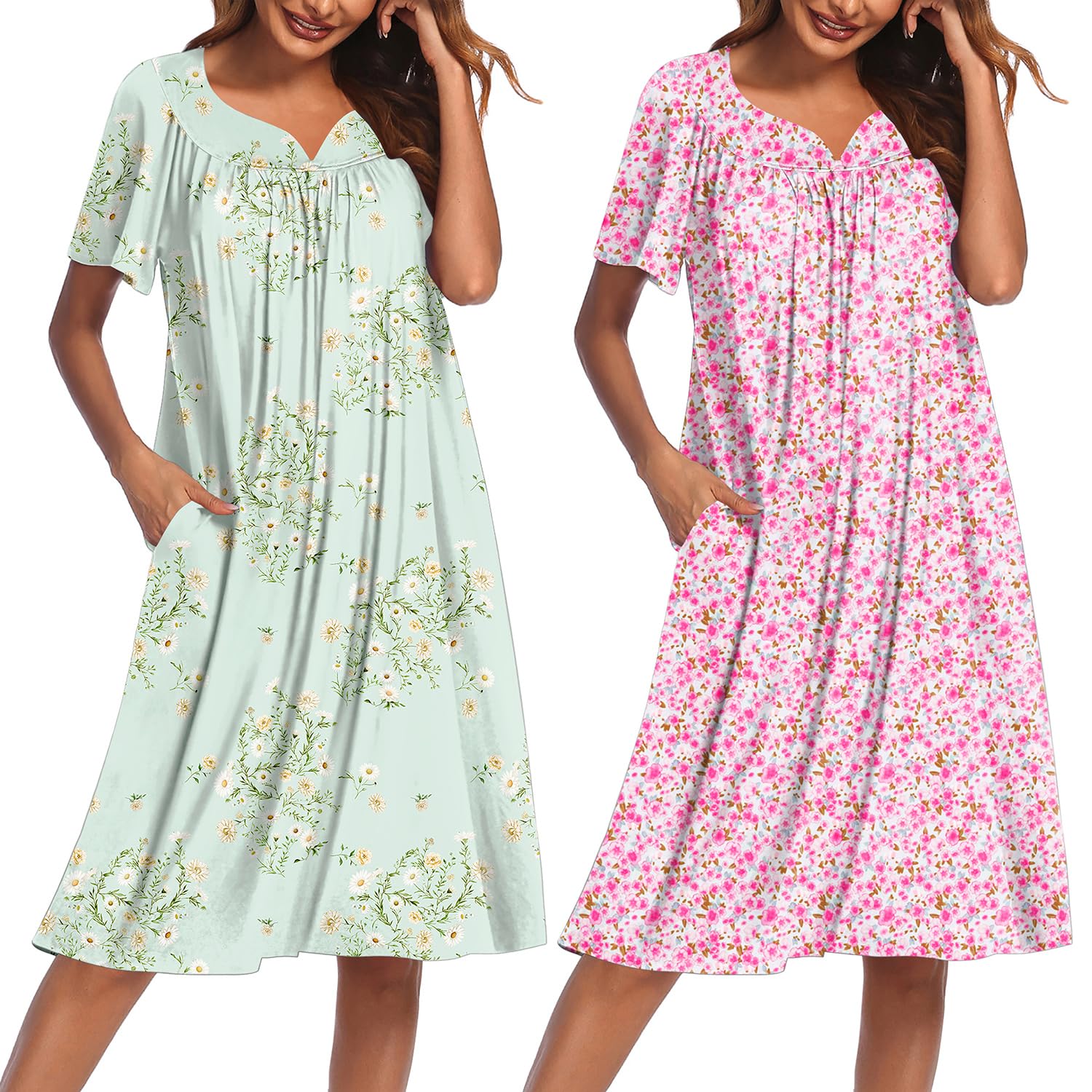 2 Pack House Dresses for Women with Pockets Short Sleeve Moo Moos Floral Print Mumu Dresses
