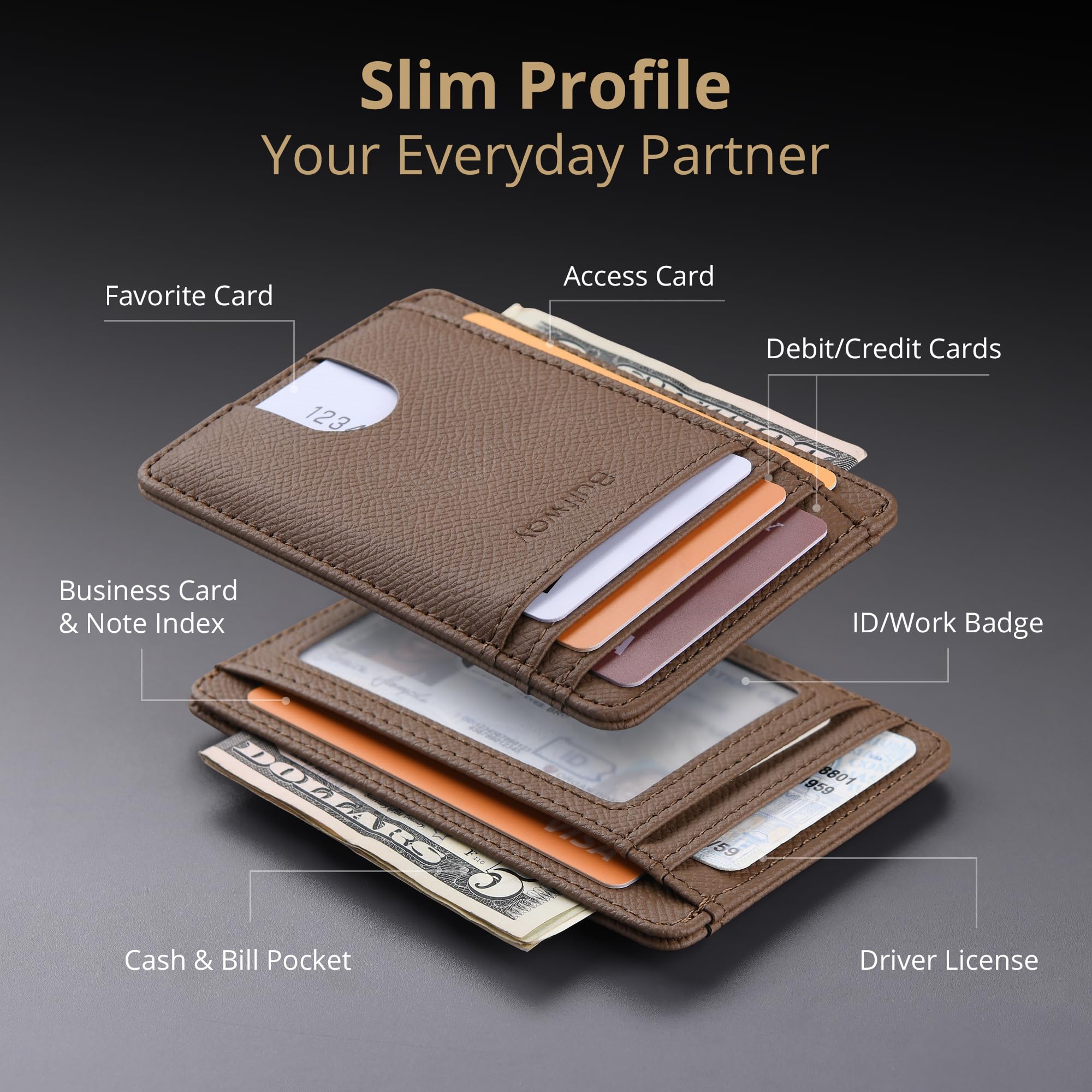Slim Minimalist Front Pocket RFID Blocking Leather Wallets for Men and Women - Carbon Fiber Black