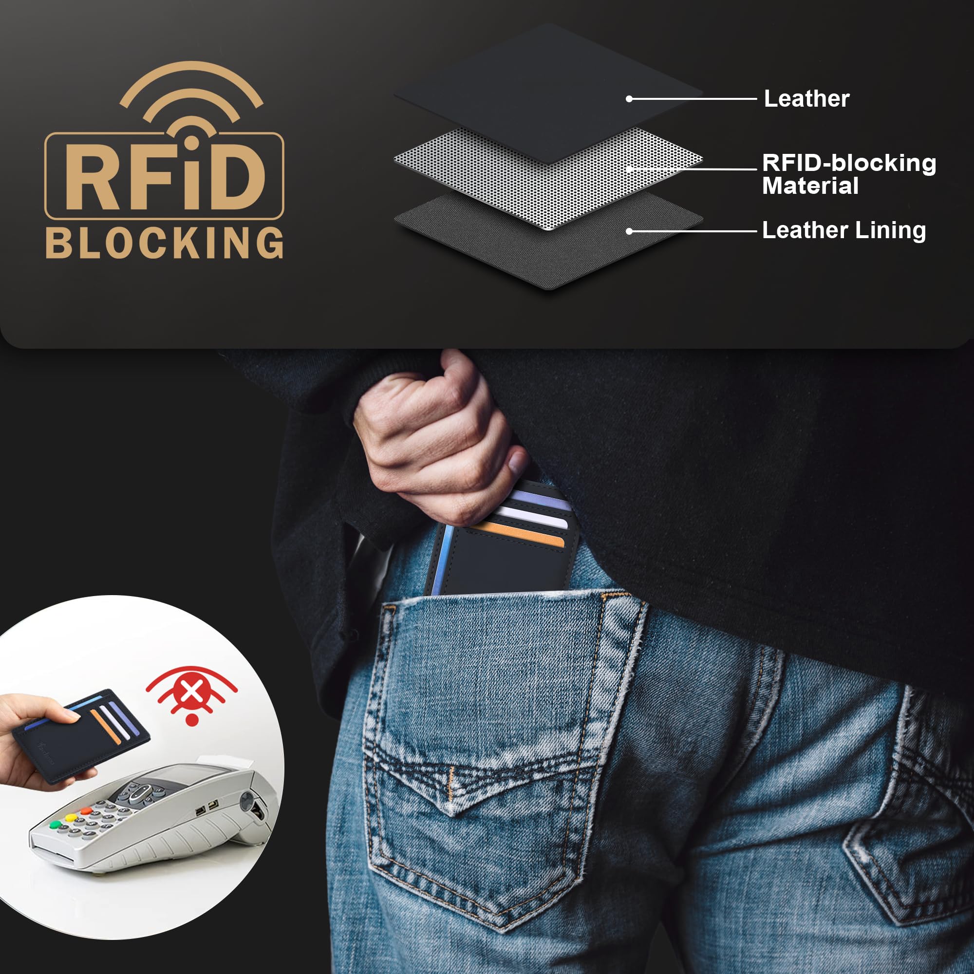 Slim Wallet Front Pocket Minimalist Leather RFID Blocking Medium Size