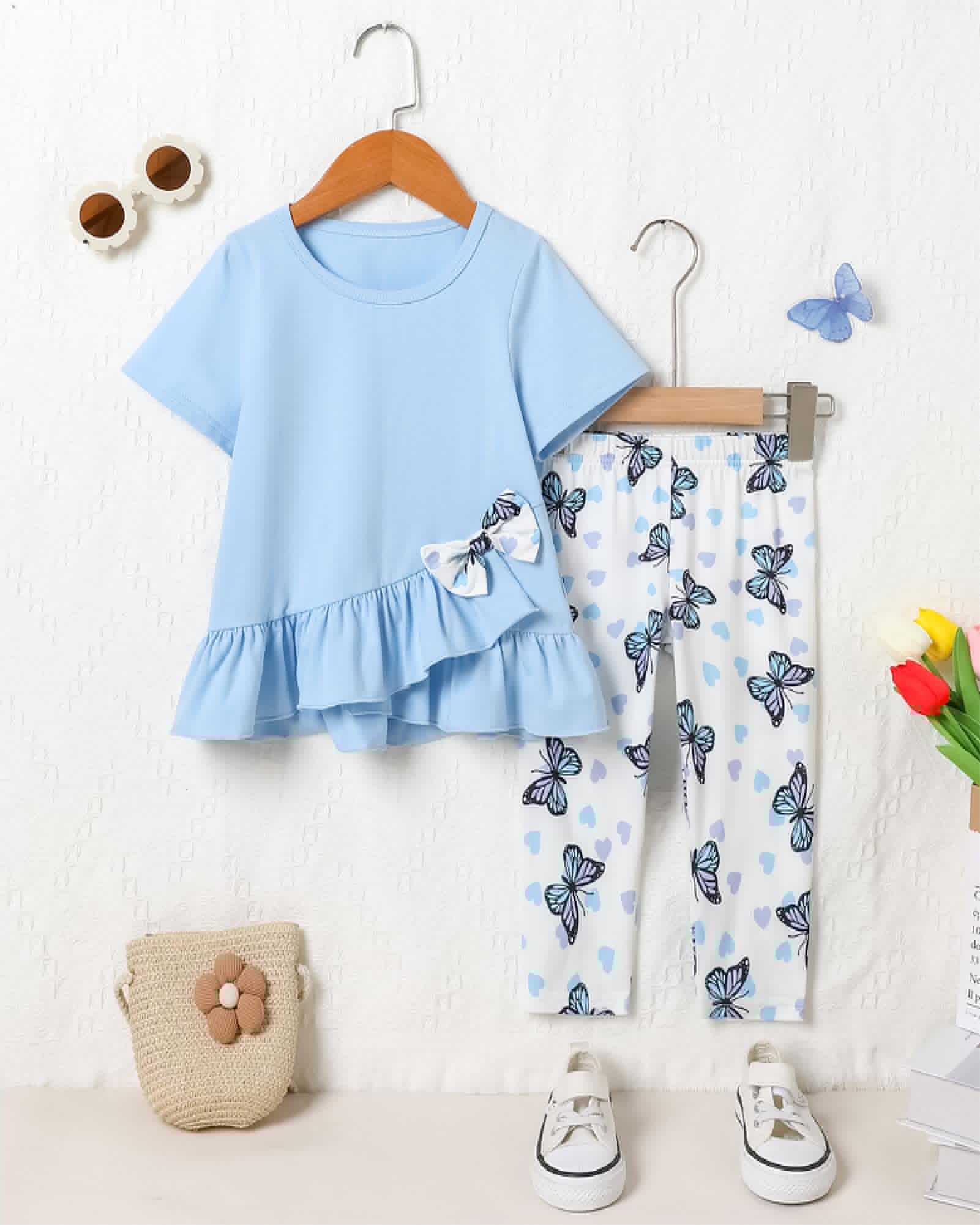 Toddler Girl Clothes 2-8Years Girls Outfit, Short Sleeve Ruffle Bowknot Top+Floral Capri Pants 2Pcs Spring Summer Set