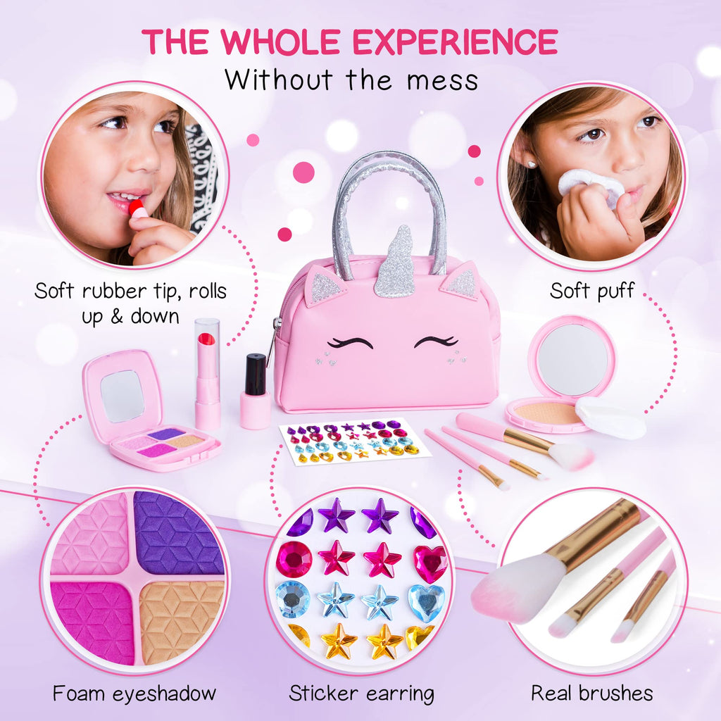 Kids Real Makeup Kit with Pink Unicorn Purse, Non Toxic Washable Make Up Set - Unicorn Toys for Girls Age 4-6, Girls Easter Basket Stuffers, Easter Gifts for Kids, Girl Gift Ages 3 4 5 6 7 8 Years Old