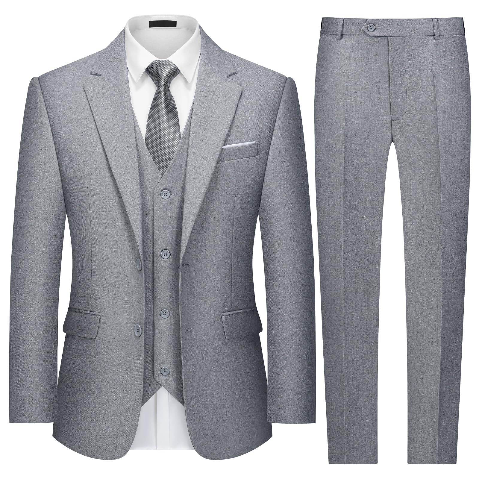 Mens Two Button 3-Piece Suits Slim Fit Tuxedo Set with Blazer Jacket Vest & Pants for Wedding Prom Business