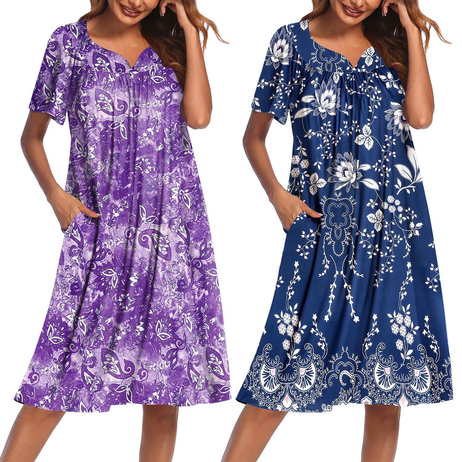 2 Pack House Dresses for Women with Pockets Short Sleeve Moo Moos Floral Print Mumu Dresses