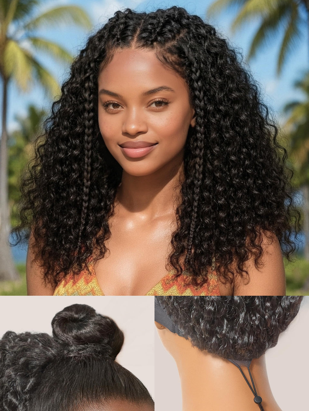 Half Wig Kinky Curly Flexi-Fit Invisi 3 in 1 Wigs Flip Drawstring Wig 200% Density Glueless Wigs 100% Human Hair Natural Black Ready to Go Headband Wig for Women 18 Inches