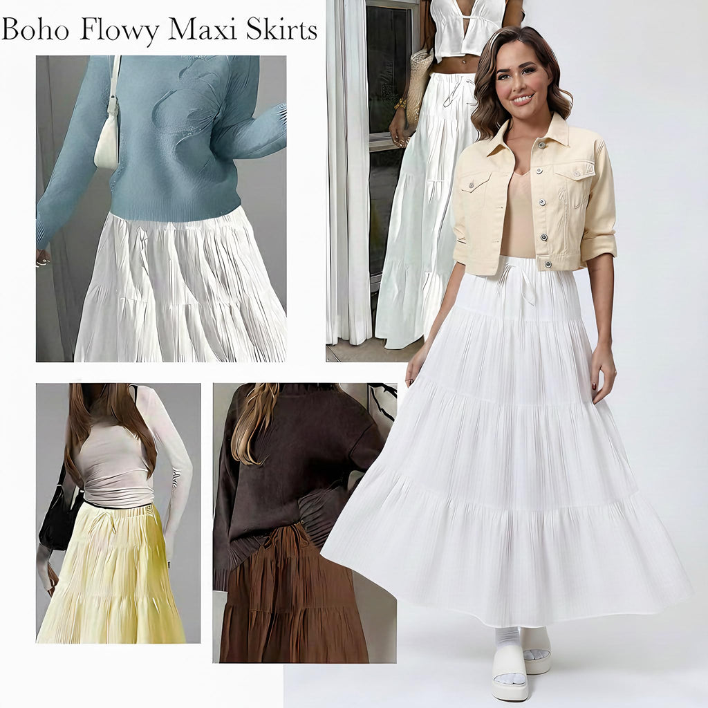 Women's Boho Flowy White Maxi Skirt Flared Ruffle Elastic Waist Summer A Line 2026 Spring Long Skirts