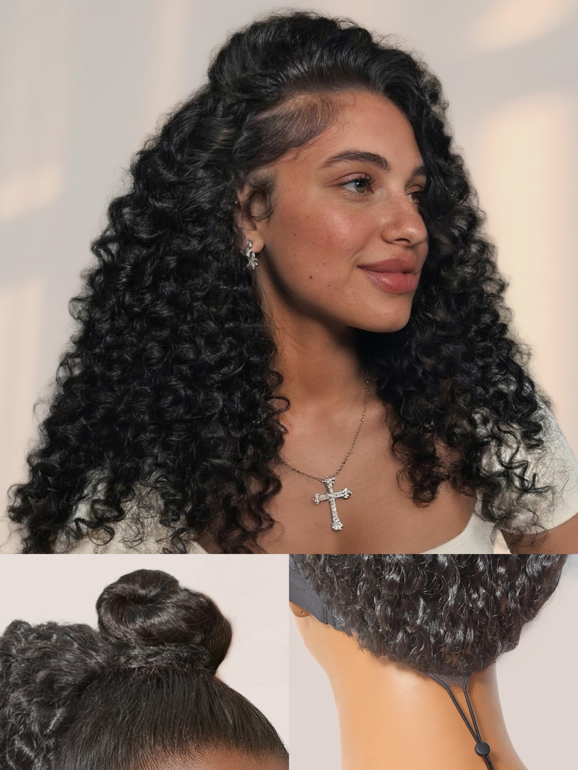 Half Wig Kinky Curly Flexi-Fit Invisi 3 in 1 Wigs Flip Drawstring Wig 200% Density Glueless Wigs 100% Human Hair Natural Black Ready to Go Headband Wig for Women 18 Inches