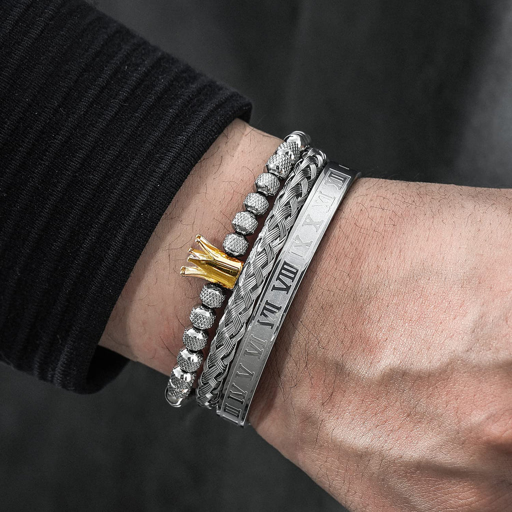 3PCS Stainless Steel Bracelets for Men Gold Roman Numeral Bangle Bracelet Twisted Cable Bracelet Adjustable Cuff Bracelet Mens Luxury Jewelry Bracelets Gifts