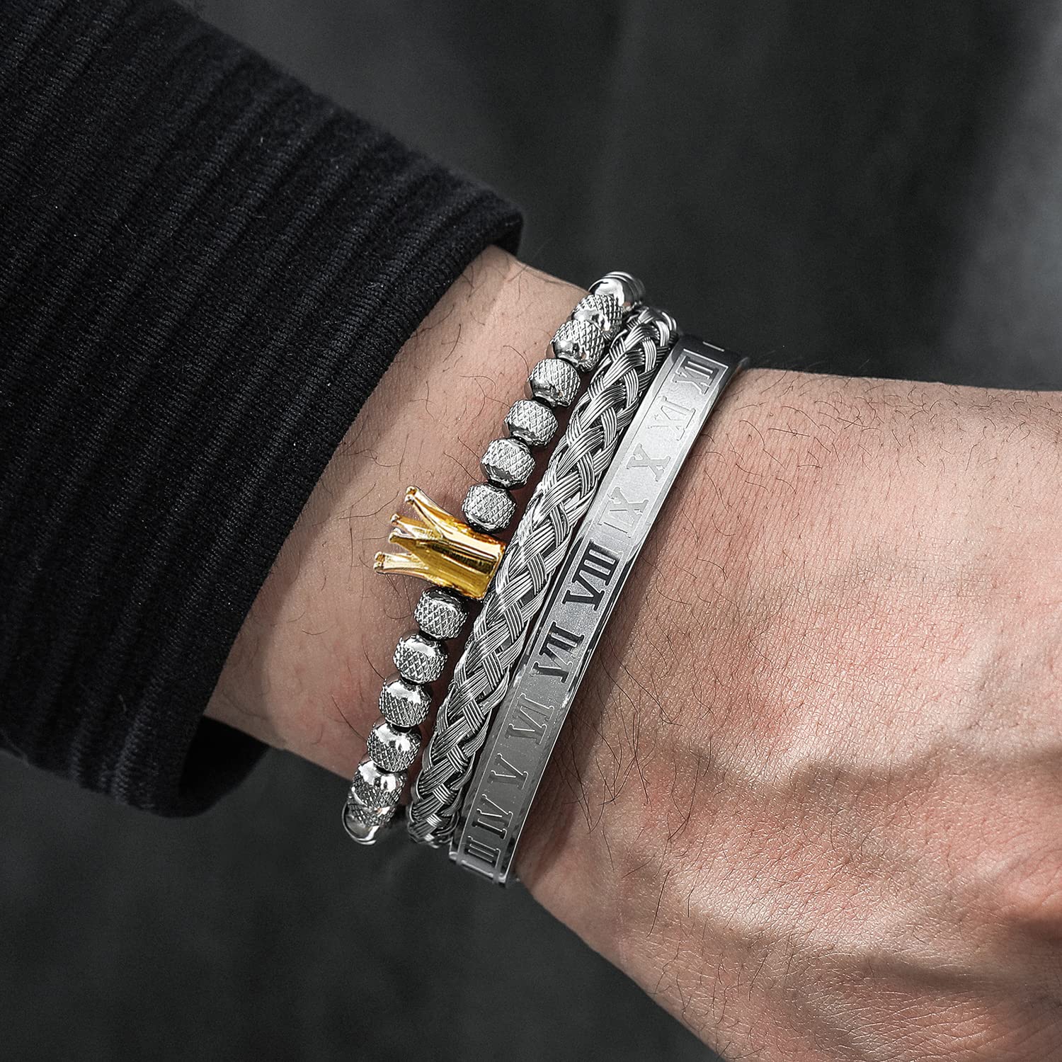 3PCS Stainless Steel Bracelets for Men Gold Roman Numeral Bangle Bracelet Twisted Cable Bracelet Adjustable Cuff Bracelet Mens Luxury Jewelry Bracelets Gifts