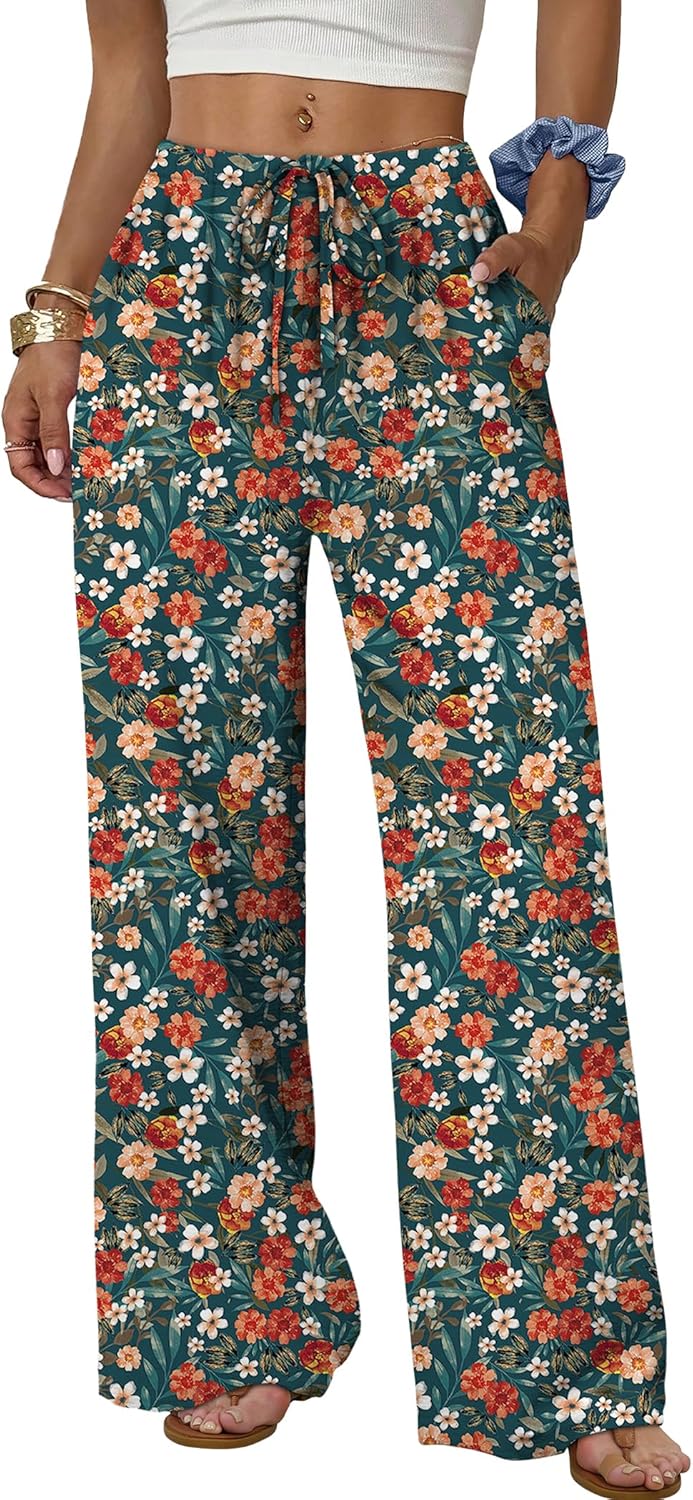 Wide Leg Pants for Women Flowy Palazzo Drawstring Elastic Waist Trousers with Pockets Summer Beach Vacation Clothes