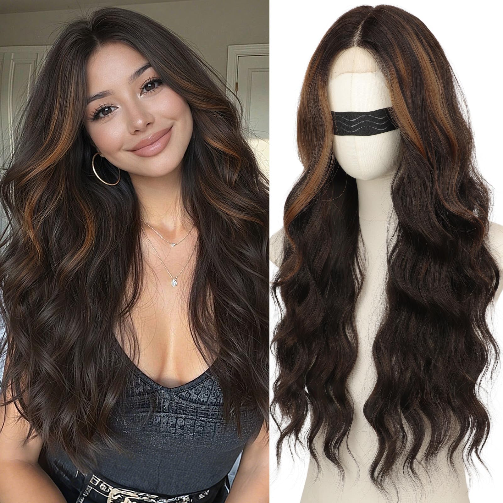 Long Brown Mixed Blonde Wavy Wig 4x1 Lace Natural Hairline Middle Part Curly Heat-Resistant Synthetic Fiber for Women & Beginners Daily Party Use 26In