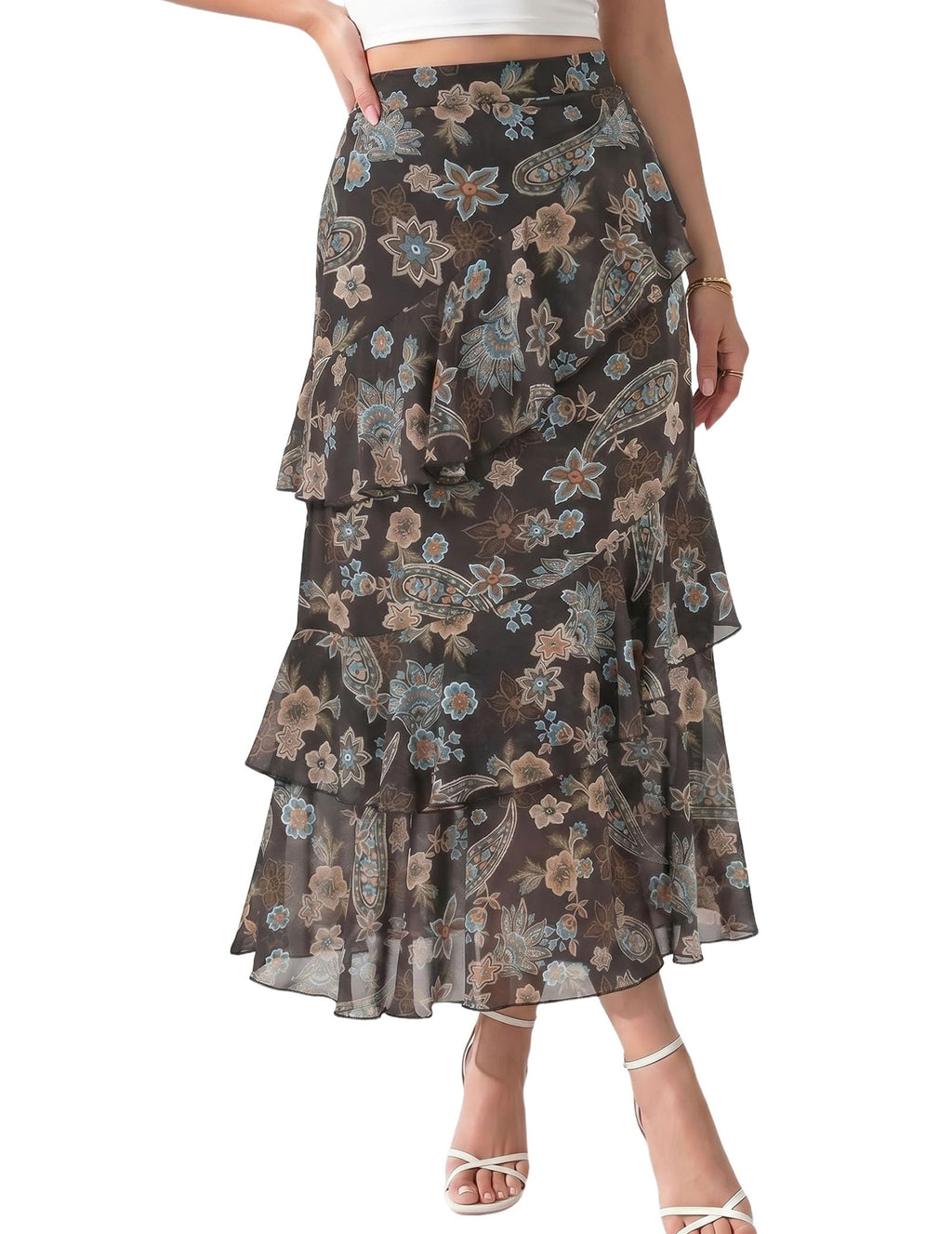 Women's Boho Flowy White Maxi Skirt Flared Ruffle Elastic Waist Summer A Line 2026 Spring Long Skirts