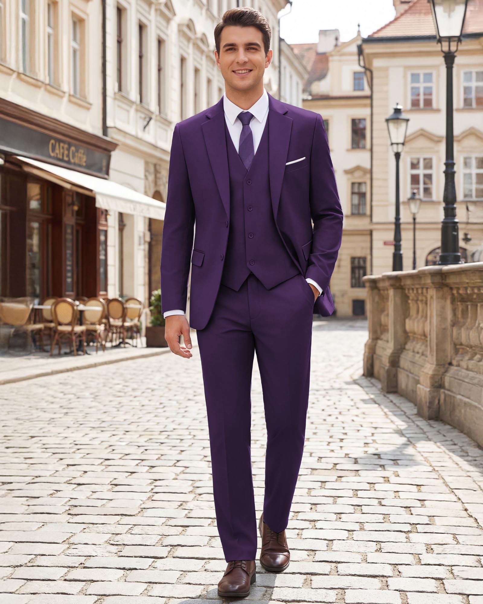 Men's Slim Fit 3 Piece Suits Two Button Blazer Vest & Pants Tuxedo Set for Business Wedding Party