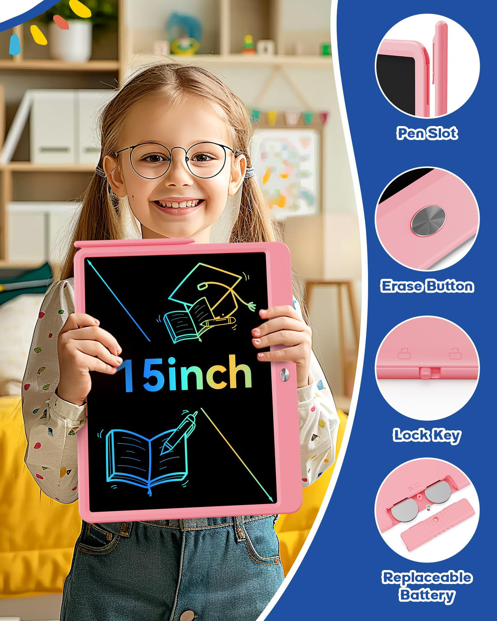 Bravokids 10 Inch LCD Writing Tablet for 3-8 Year Olds - Electronic Drawing Pad and Doodle Board as Educational Birthday Gifts for Girls and Boys (Pink)