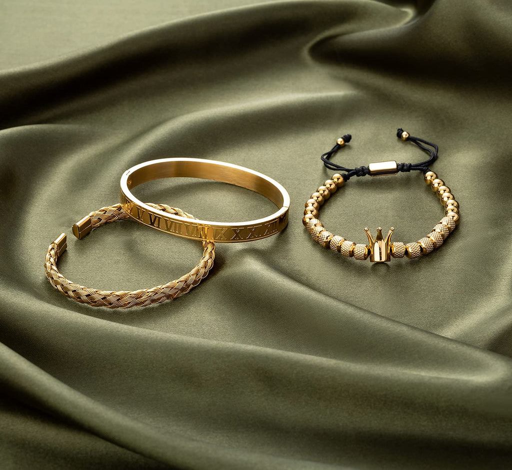 3PCS Stainless Steel Bracelets for Men Gold Roman Numeral Bangle Bracelet Twisted Cable Bracelet Adjustable Cuff Bracelet Mens Luxury Jewelry Bracelets Gifts