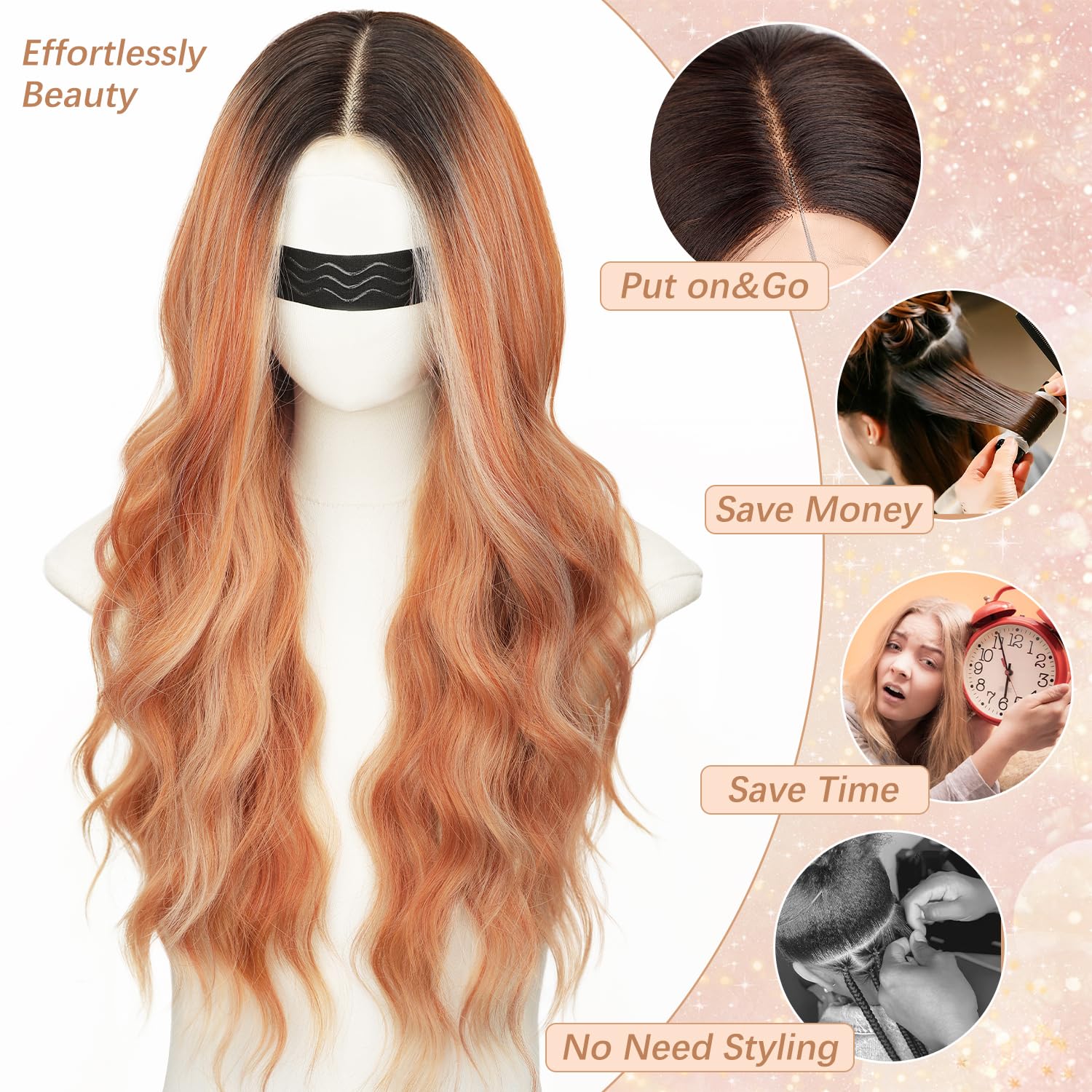 Long Brown Mixed Blonde Wavy Wig 4x1 Lace Natural Hairline Middle Part Curly Heat-Resistant Synthetic Fiber for Women & Beginners Daily Party Use 26In