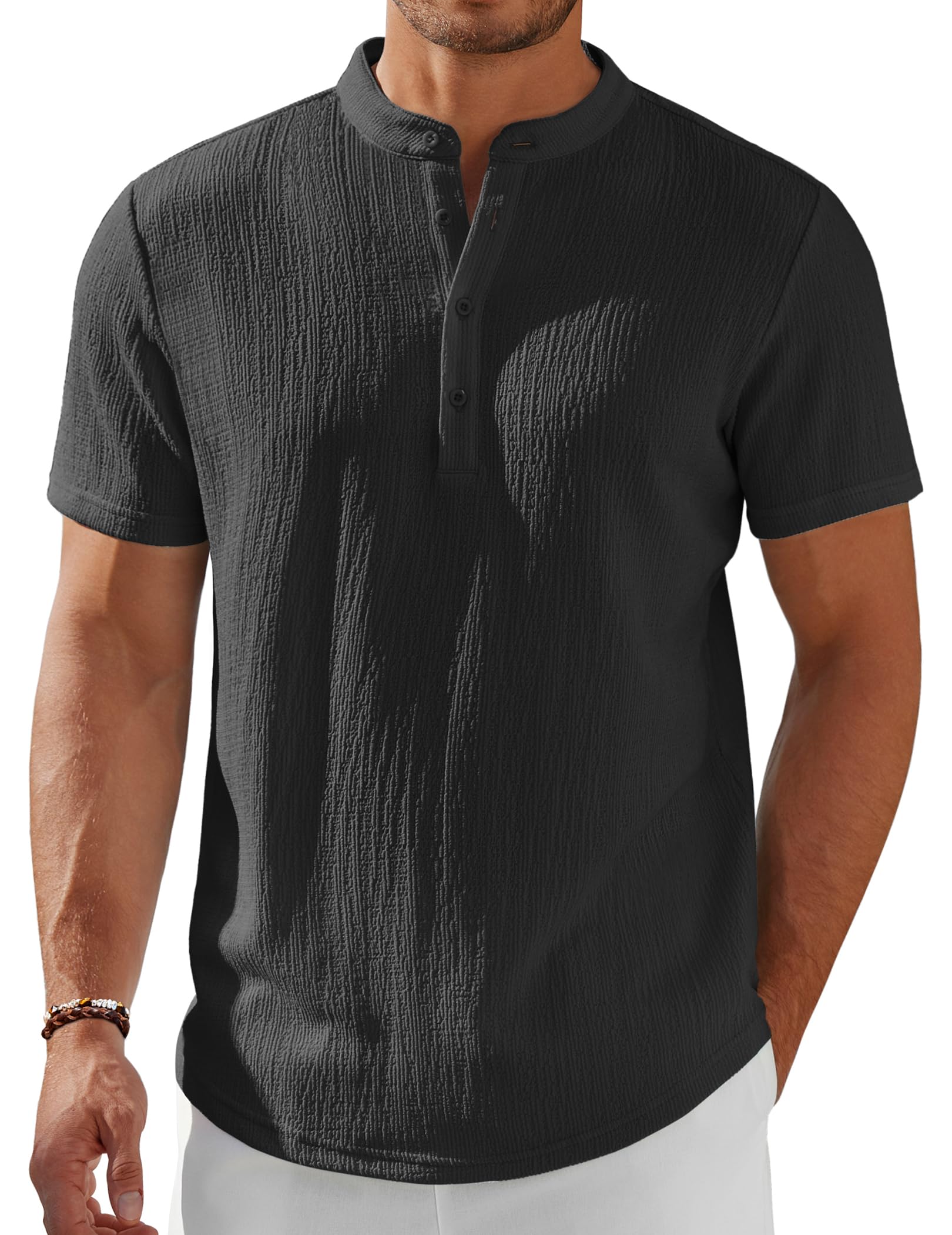 Men's Henley Shirt Short Sleeve Stand Collar Summer Casual Beach Hippie T-Shirts