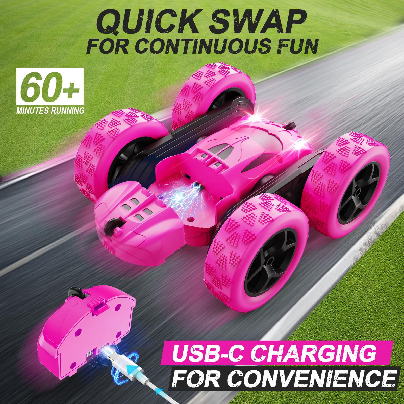 QUNREDA RC Cars, Pink Remote Control Car for Girls, 2.4 GHZ Double Sided RC Stunt Car 360° Rotating Remote Control Crawler with Headlights Car Toys for 6 7 8 9 10 11 12 Girls Birthday Gift Grandkids