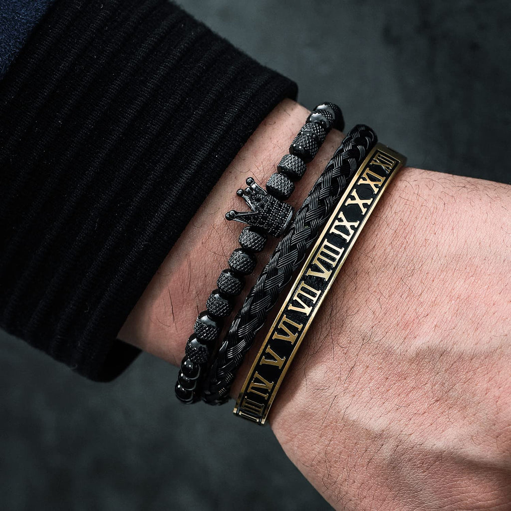 3PCS Stainless Steel Bracelets for Men Gold Roman Numeral Bangle Bracelet Twisted Cable Bracelet Adjustable Cuff Bracelet Mens Luxury Jewelry Bracelets Gifts