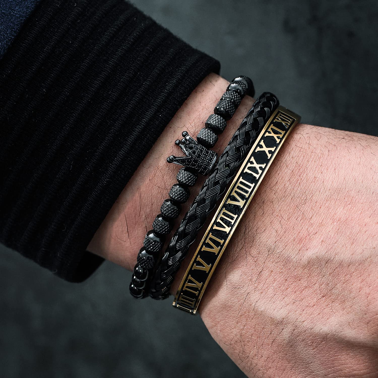 3PCS Stainless Steel Bracelets for Men Gold Roman Numeral Bangle Bracelet Twisted Cable Bracelet Adjustable Cuff Bracelet Mens Luxury Jewelry Bracelets Gifts