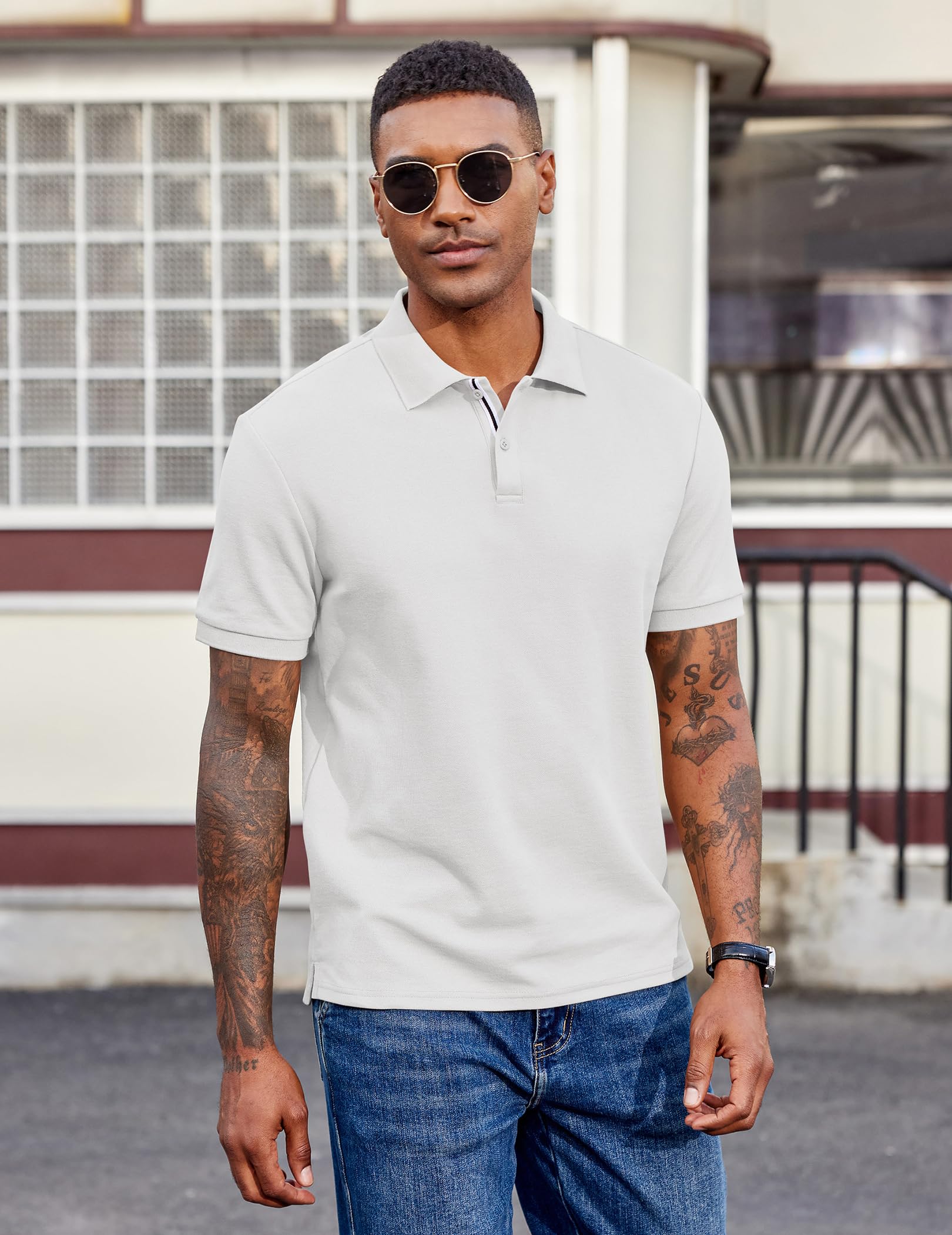 Men's Polo Shirts Short Sleeve Cotton Pique Casual Button T Shirts Classic Fit Collared Golf Shirts