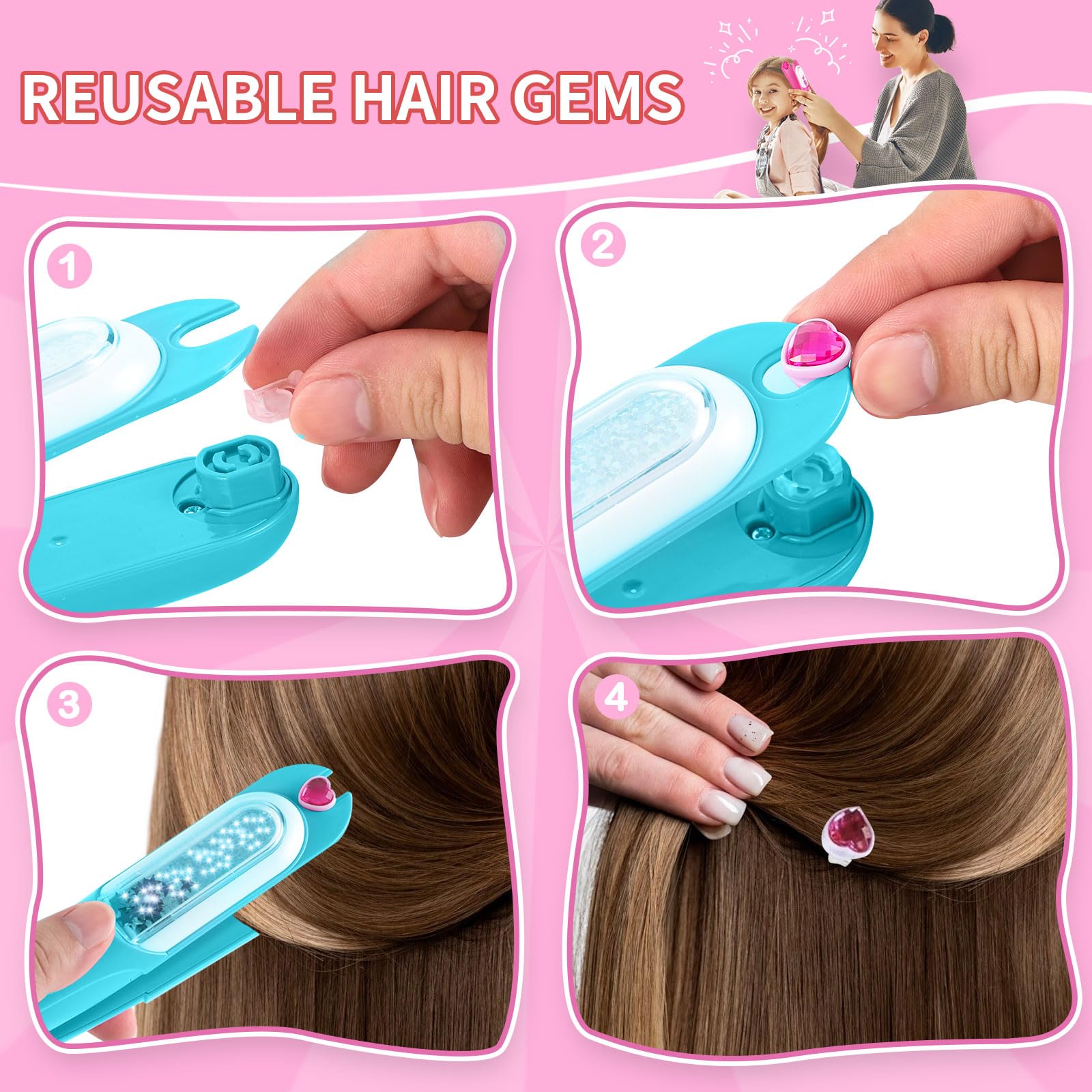 kidzkube Hair Gem Stamper Kit, Bling Hair Jewels for Girls Toys, Hair Styling Tool with Reusable Shining Diamonds, Birthday Gifts Toys for Girls Ages 3 4 5 6 8-12