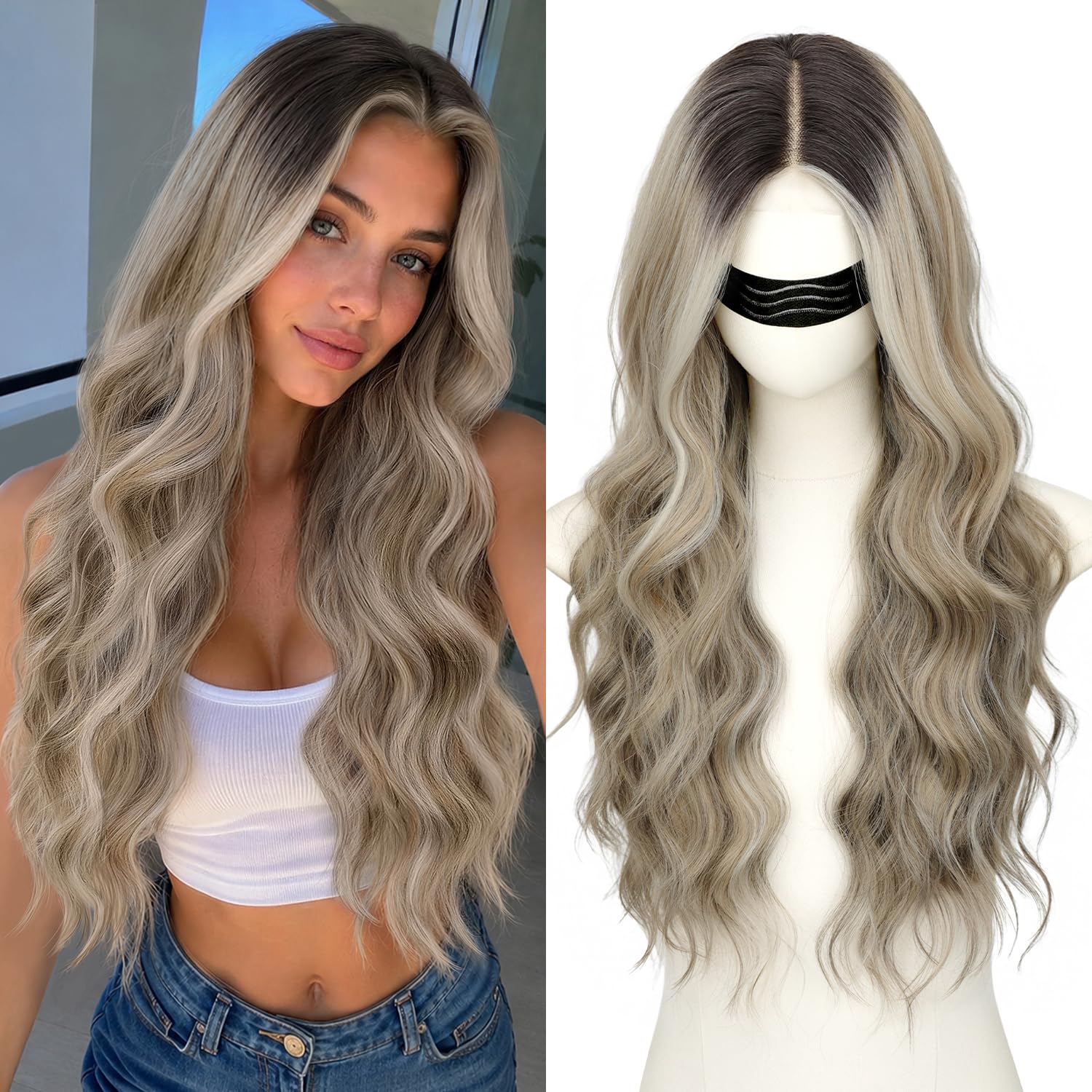 Long Brown Mixed Blonde Wavy Wig 4x1 Lace Natural Hairline Middle Part Curly Heat-Resistant Synthetic Fiber for Women & Beginners Daily Party Use 26In