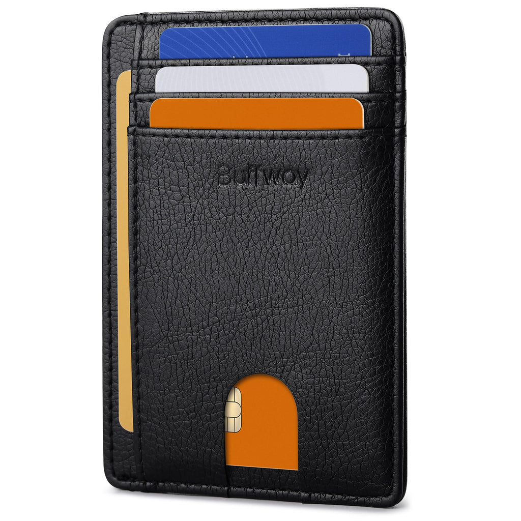 Slim Minimalist Front Pocket RFID Blocking Leather Wallets for Men and Women - Carbon Fiber Black