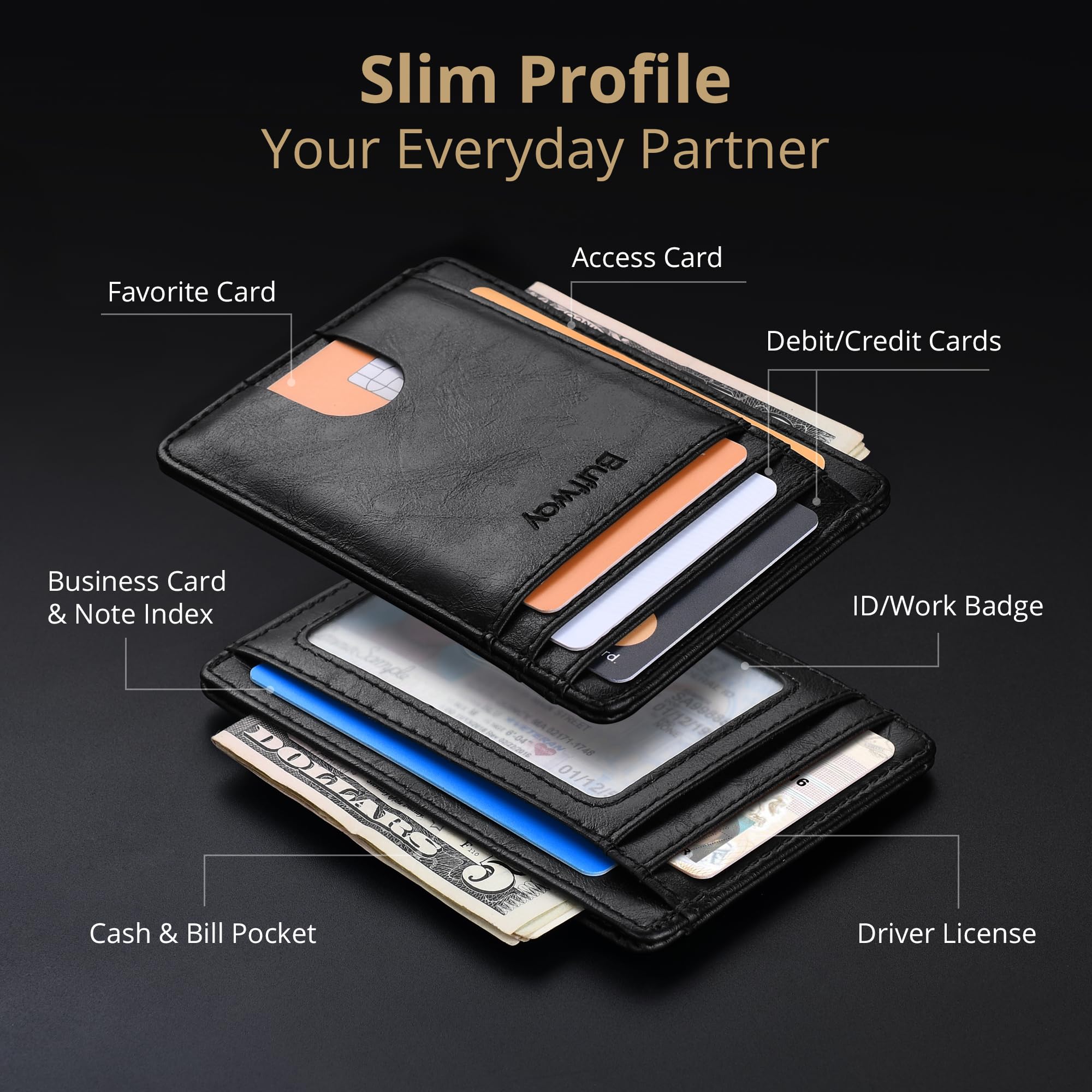 Slim Minimalist Front Pocket RFID Blocking Leather Wallets for Men and Women - Carbon Fiber Black