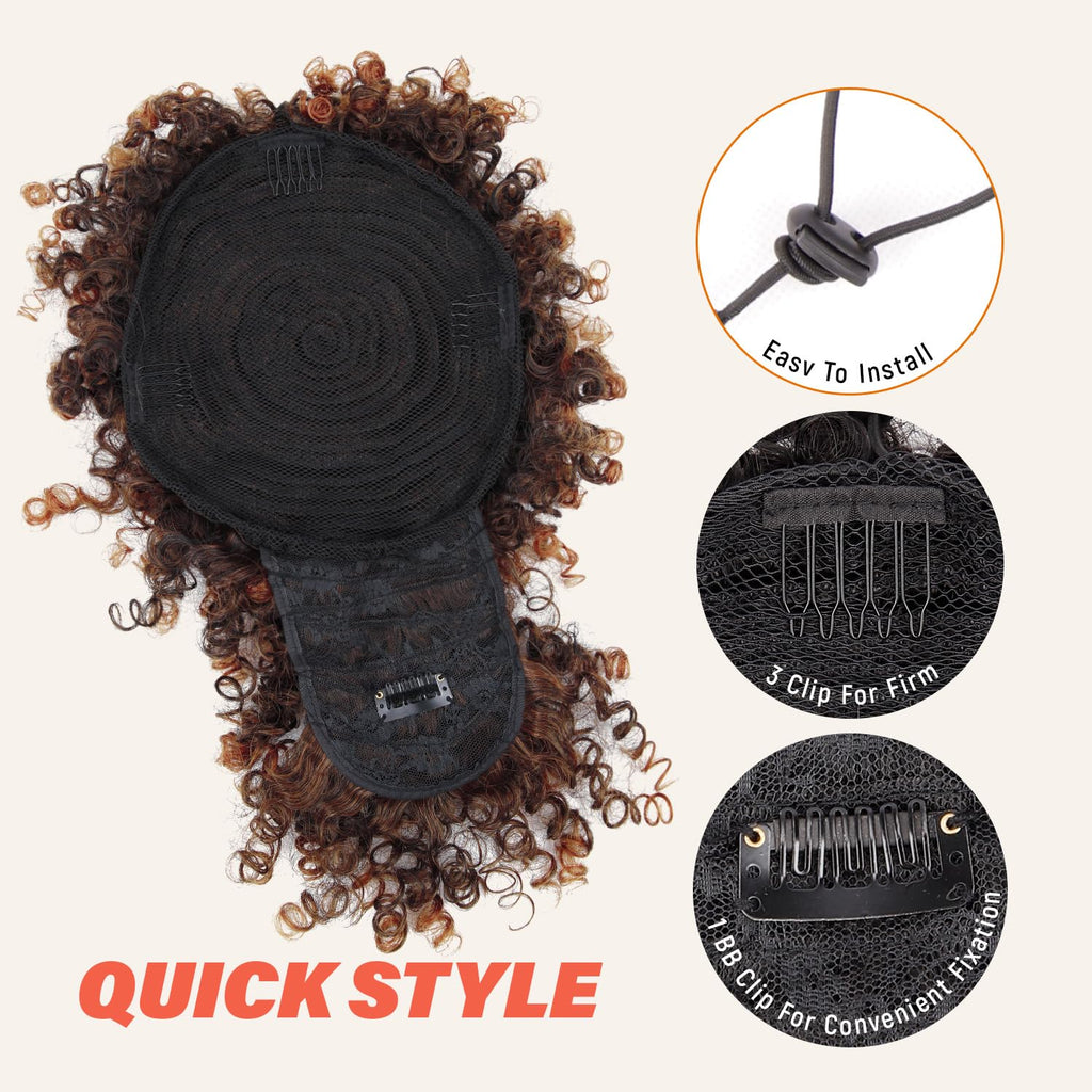 Drawstring Ponytail for Black Women, Afro Puff Kinky Curly Hair Ponytail Extension with Bangs Black Updo Natural Hair Ponytail (1B Natural Black)
