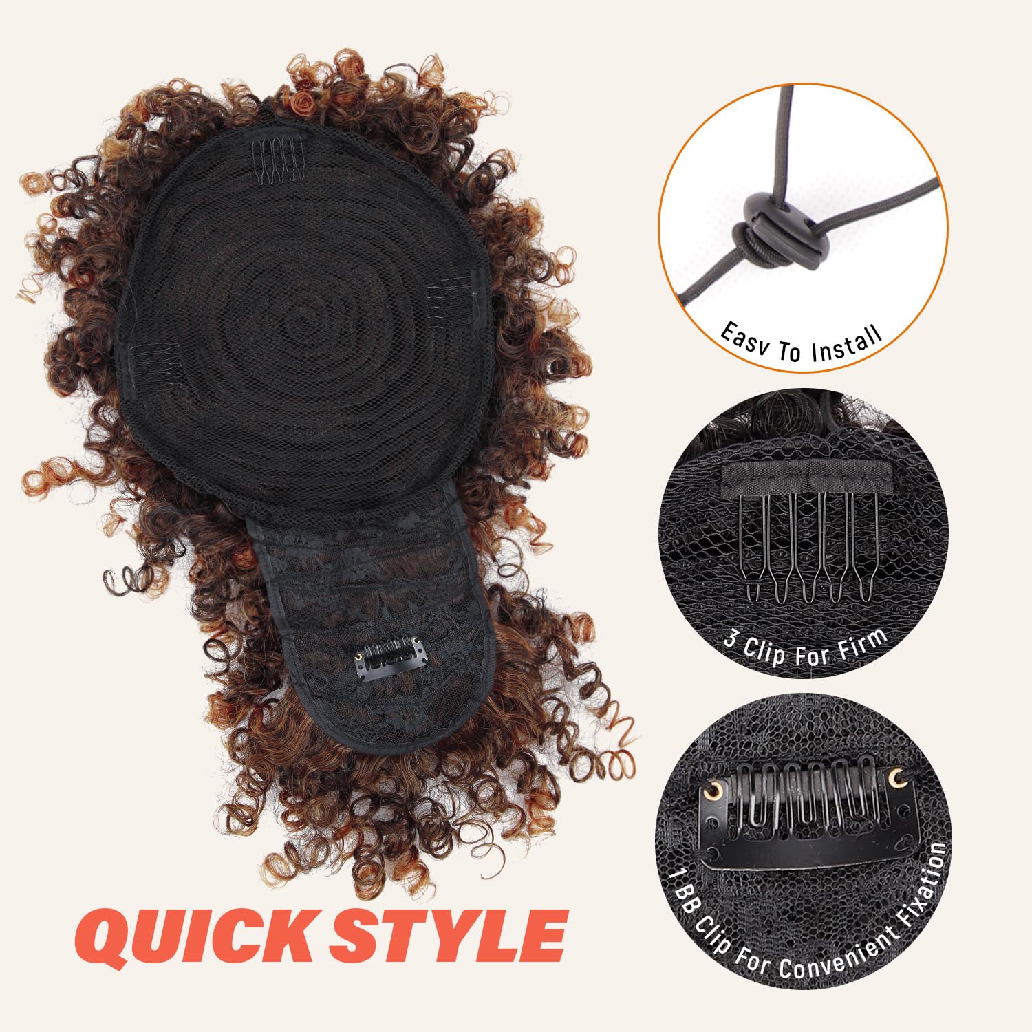 Drawstring Ponytail for Black Women, Afro Puff Kinky Curly Hair Ponytail Extension with Bangs Black Updo Natural Hair Ponytail (1B Natural Black)